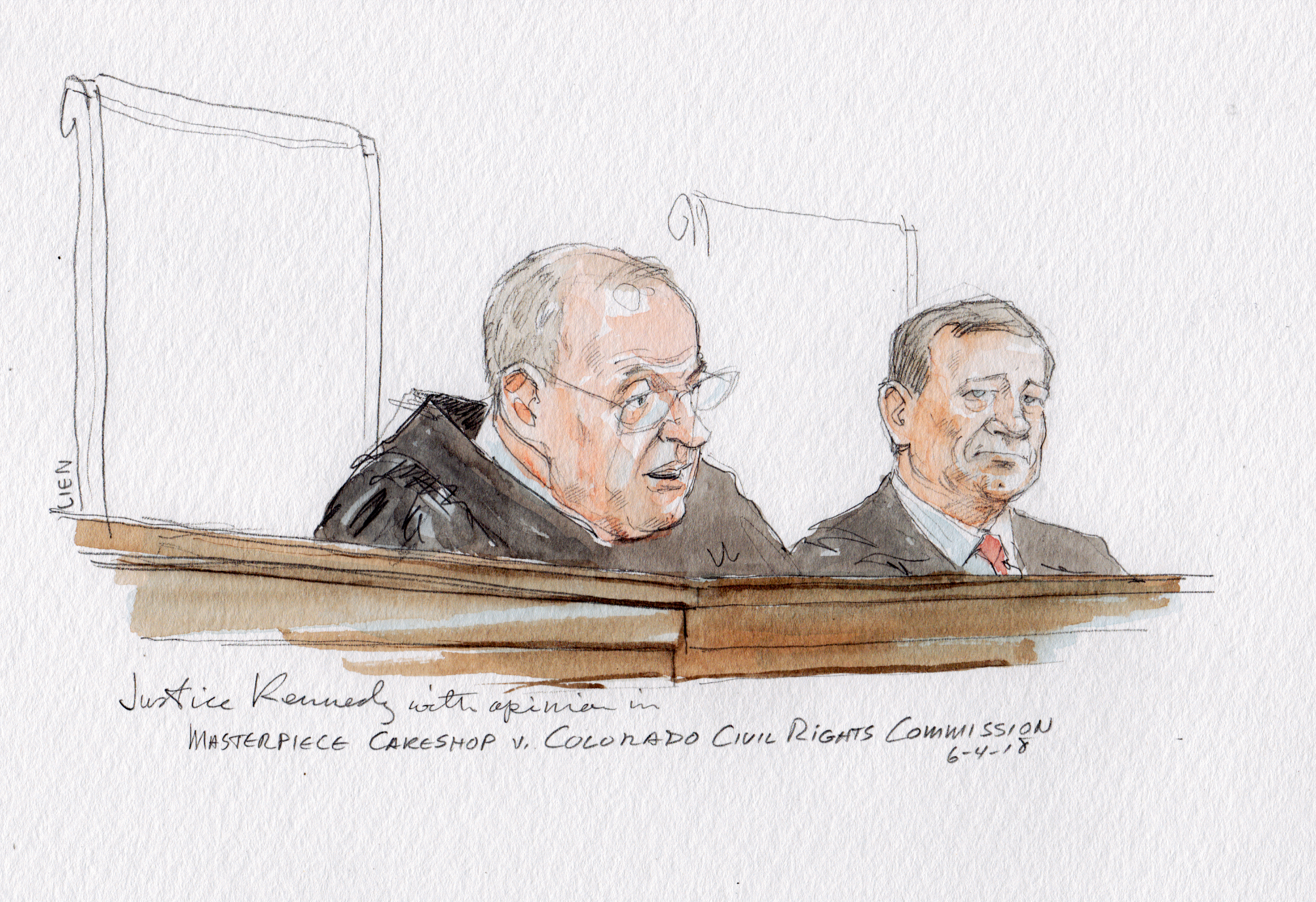 Arthur Lien's sketch of Justice Anthony Kennedy delivering the U.S. Supreme Court opinion in the Masterpiece Cakeshop case on Monday, June 4. (Art Lien—©2018 Arthur Lien. No usage without prior consent. All rights reserved)