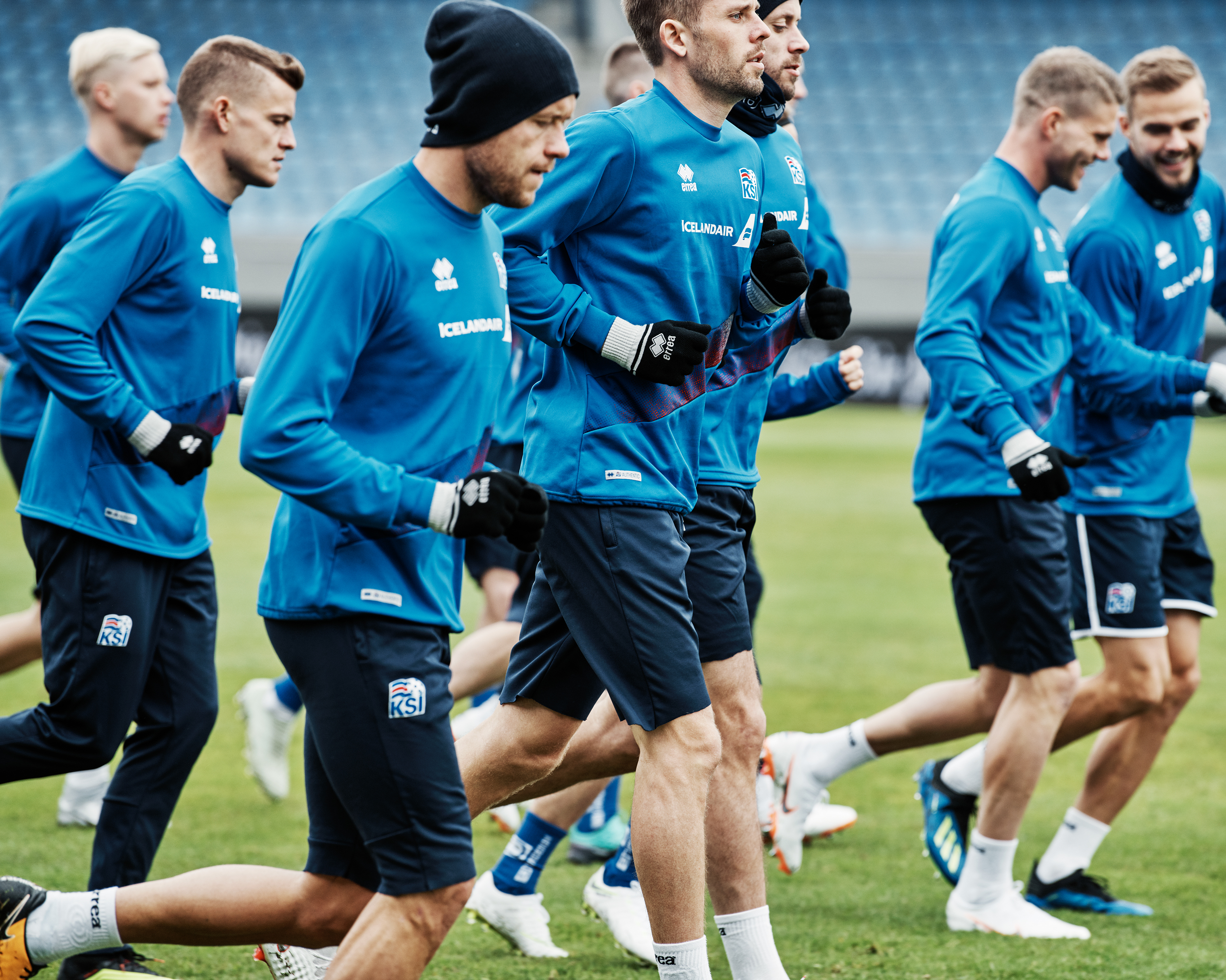 Players from Iceland, the smallest country to qualify for a World Cup, warm up before a June 2 match against Norway. (Thomas Prior for TIME)