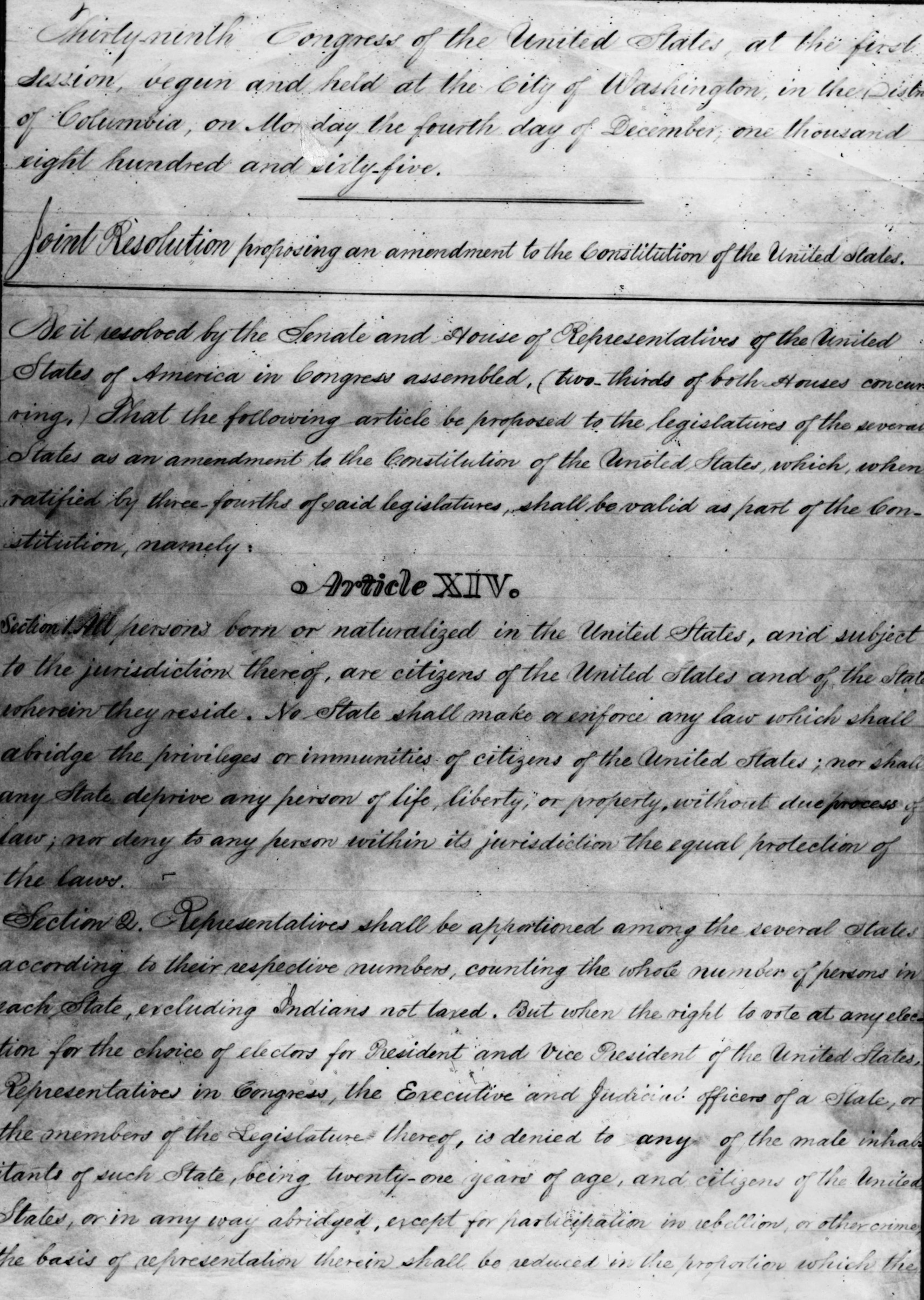 Draft of the 14th Amendment to the United States Constitution, outlining the rights and privileges of American citizenship, ratified in 1868. (Hulton Archive/Getty Images)
