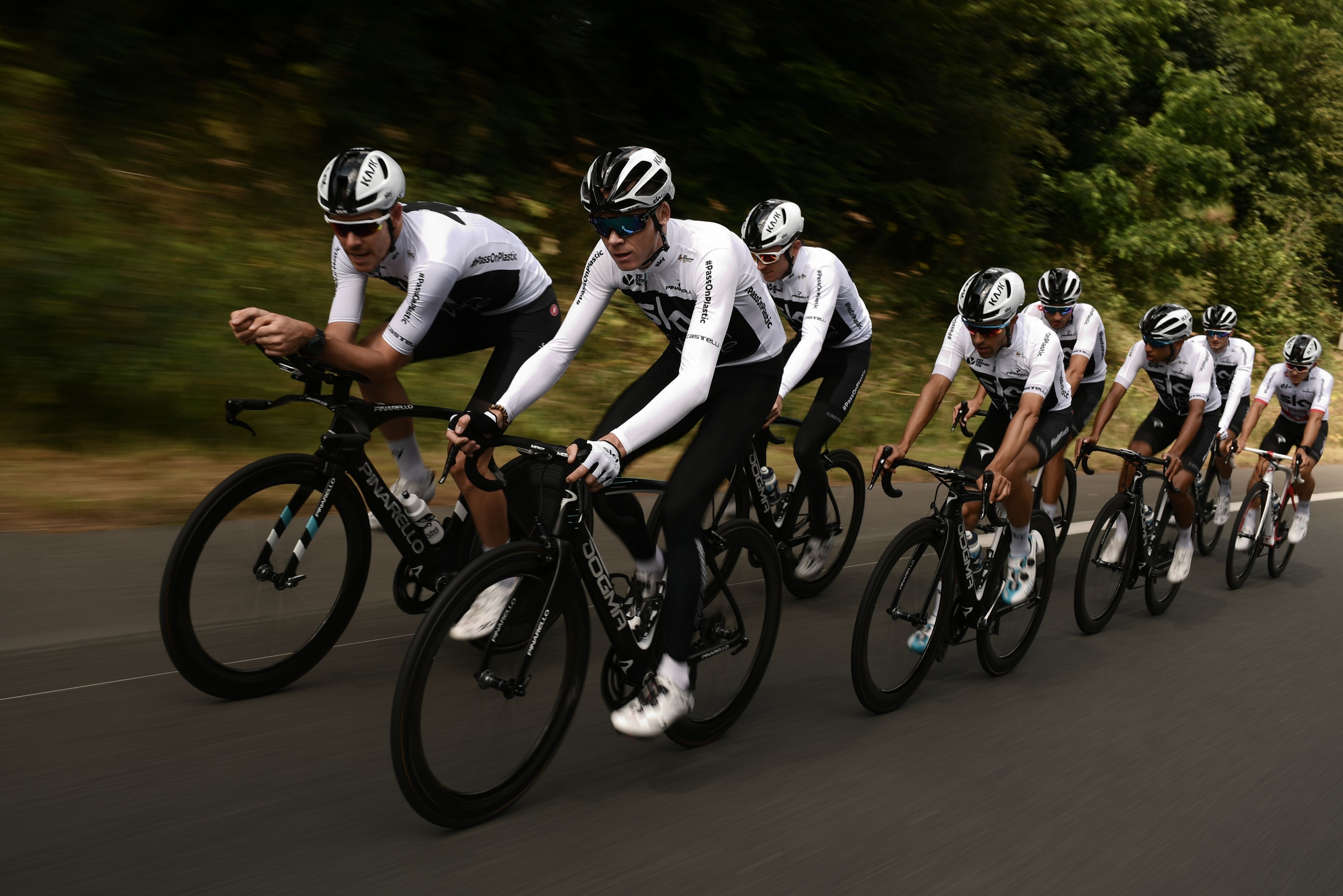 Great Britain's Christopher Froome (Front C), Great Britain's Luke Rowe (L) and their Great Britain's Team Sky cycling team teammates ride during a training session on July 6, 2018 near Saint-Mars la Reorthe, western France, on the eve of the start of the 105th edition of the Tour de France cycling race. (PHILIPPE LOPEZ&mdash;AFP/Getty Images)