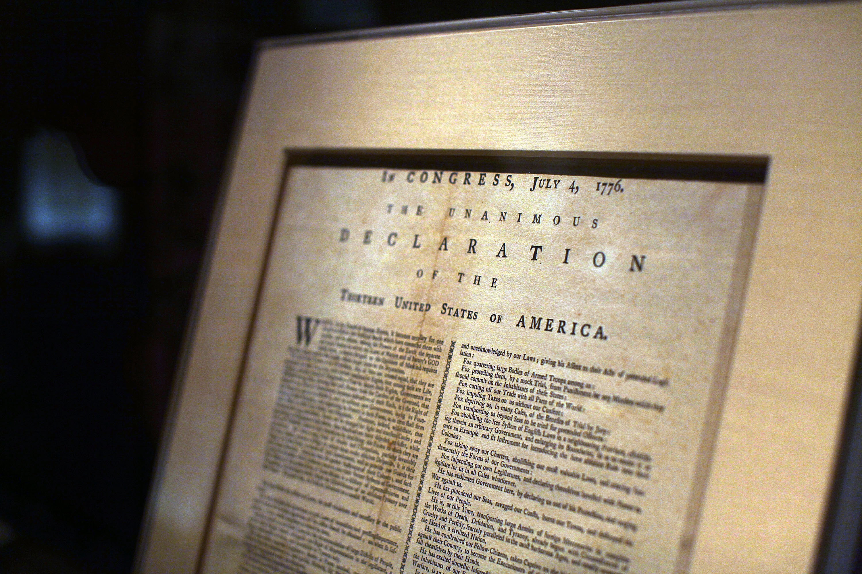 A page from the Declaration of Independence is displayed at the New York Public Library on July 3, 2009 in New York City. (Spencer Platt—Getty Images)