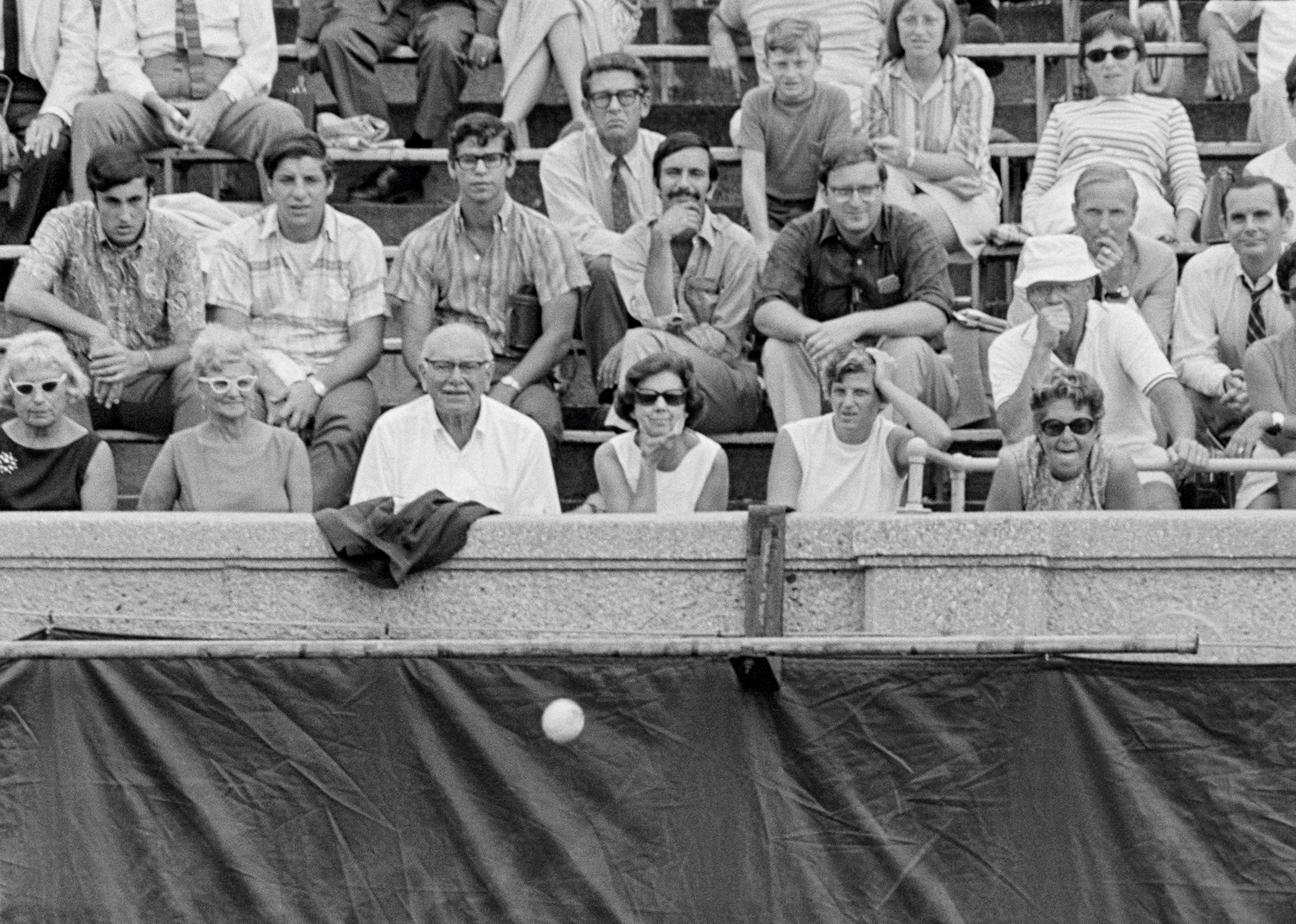 Crowd watches action during Men's Singles Final between Arthur Ashe and Tom Okker, U.S. Open, West Side Tennis Club, Forest Hills New York, September 9, 1968. Photo by John G. Zimmerman.