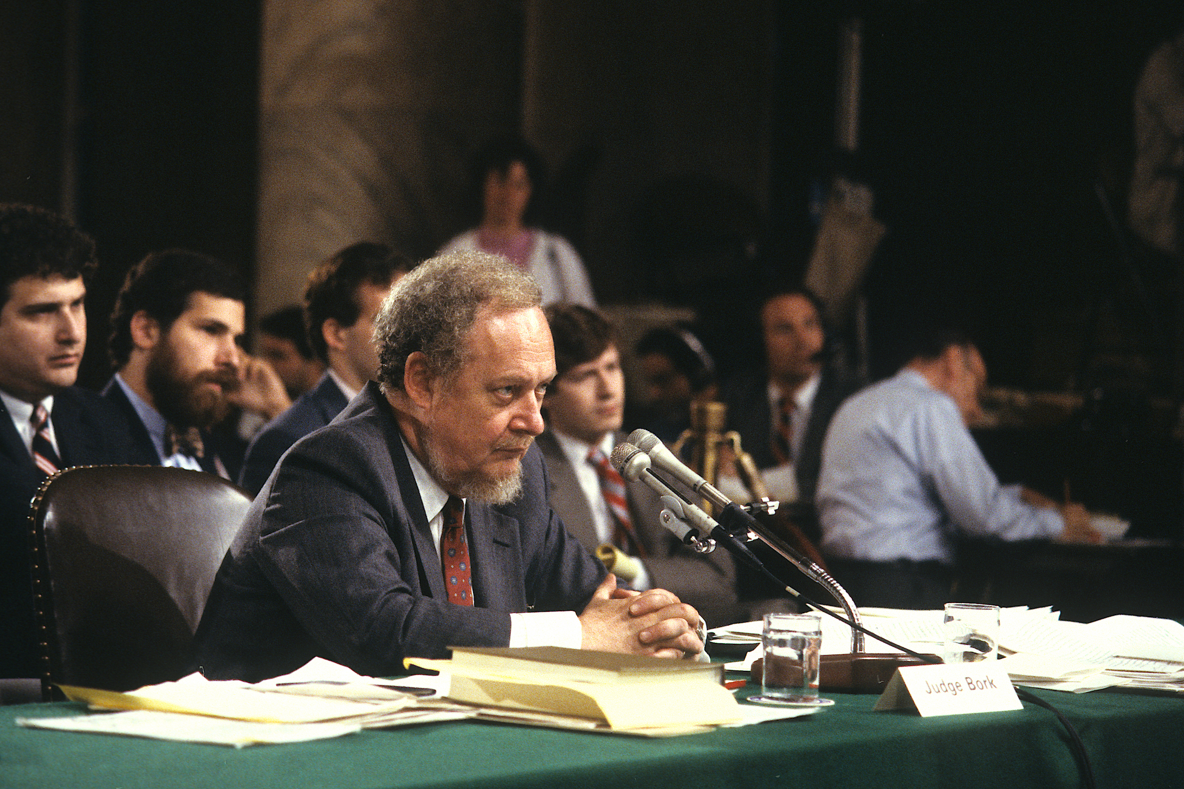 American jurist Judge Robert Bork (1927 - 2012) testifies before the Senate Judiciary Committee on the final day of his Supreme Court confirmation hearing, Washington D.C., Sept. 20, 1987. (Mark Reinstein—Getty Images)
