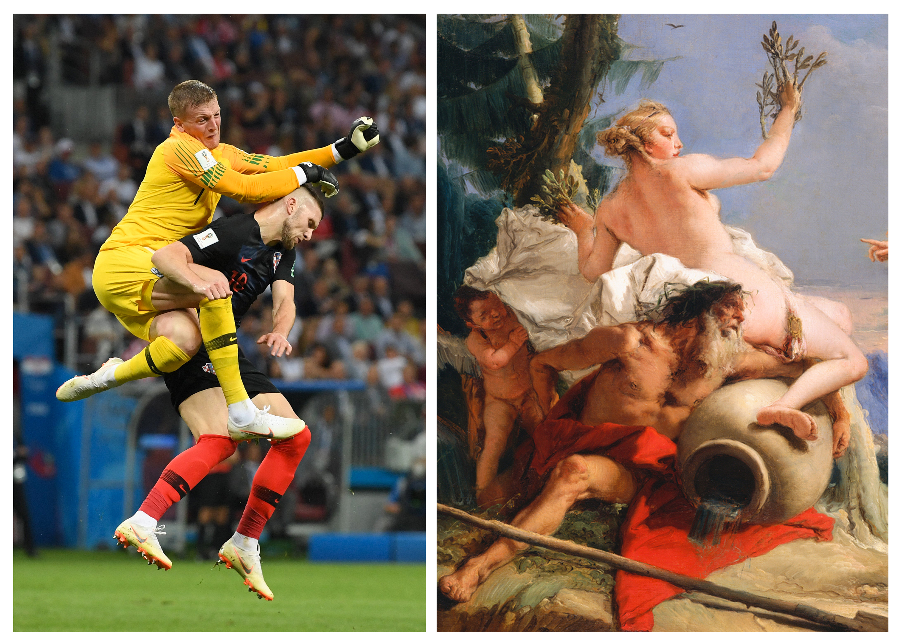 Jordan Pickford of England collides with Ante Rebic of Croatia during the Semi Final game on July 11, 2018.
                  ; Apollo Pursuing Daphne by Giovanni Battista Tiepolo (Matthias Hangst—Getty Images ; National Gallery of Art/Getty Images)