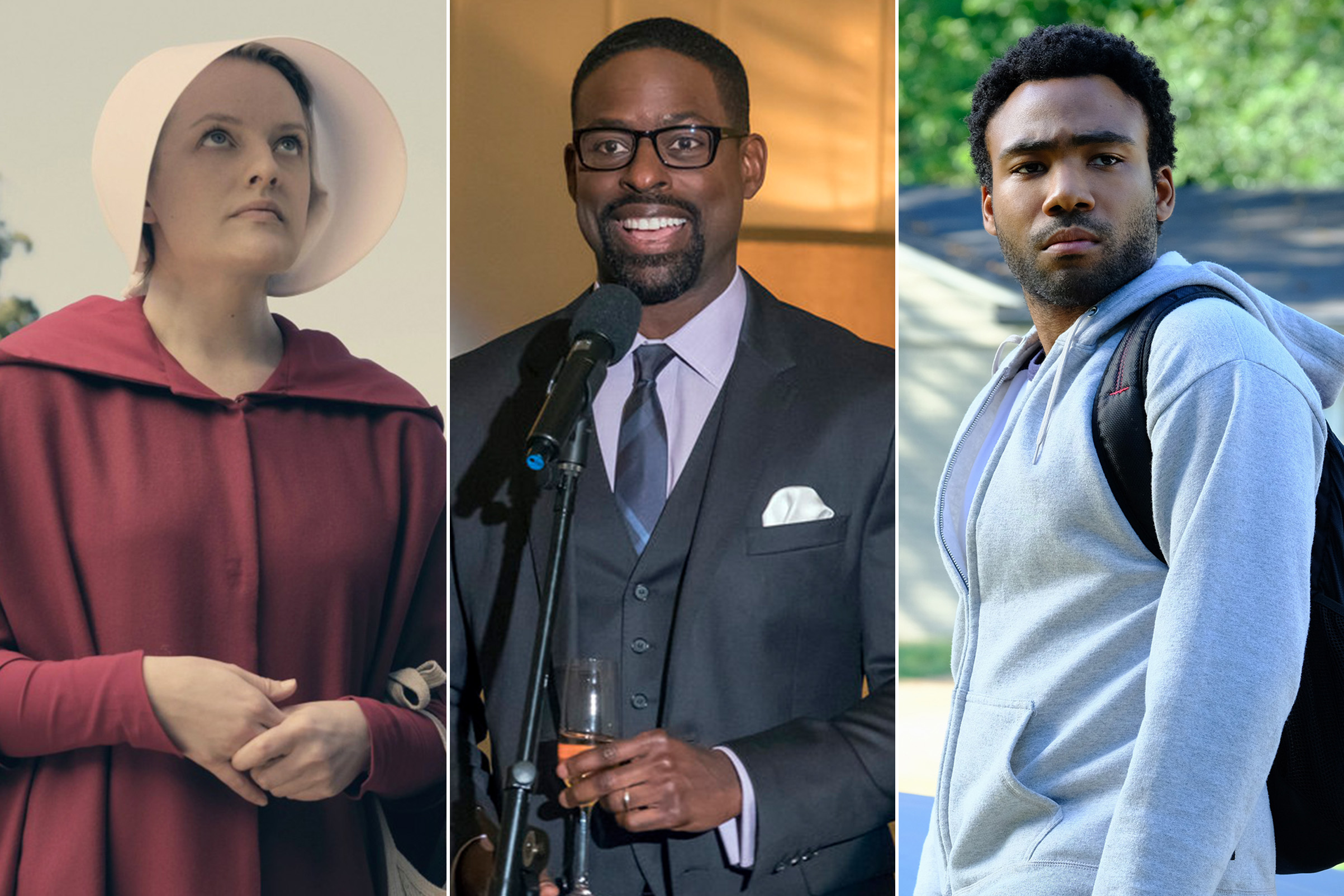 Elisabeth Moss in 'The Handmaid's Tale'; Sterling K. Brown in 'This is Us'; Donald Glover in 'Atlanta' (George Kraychyk—Hulu; Ron Batzdorff—NBC; Guy D'Alema—FX)
