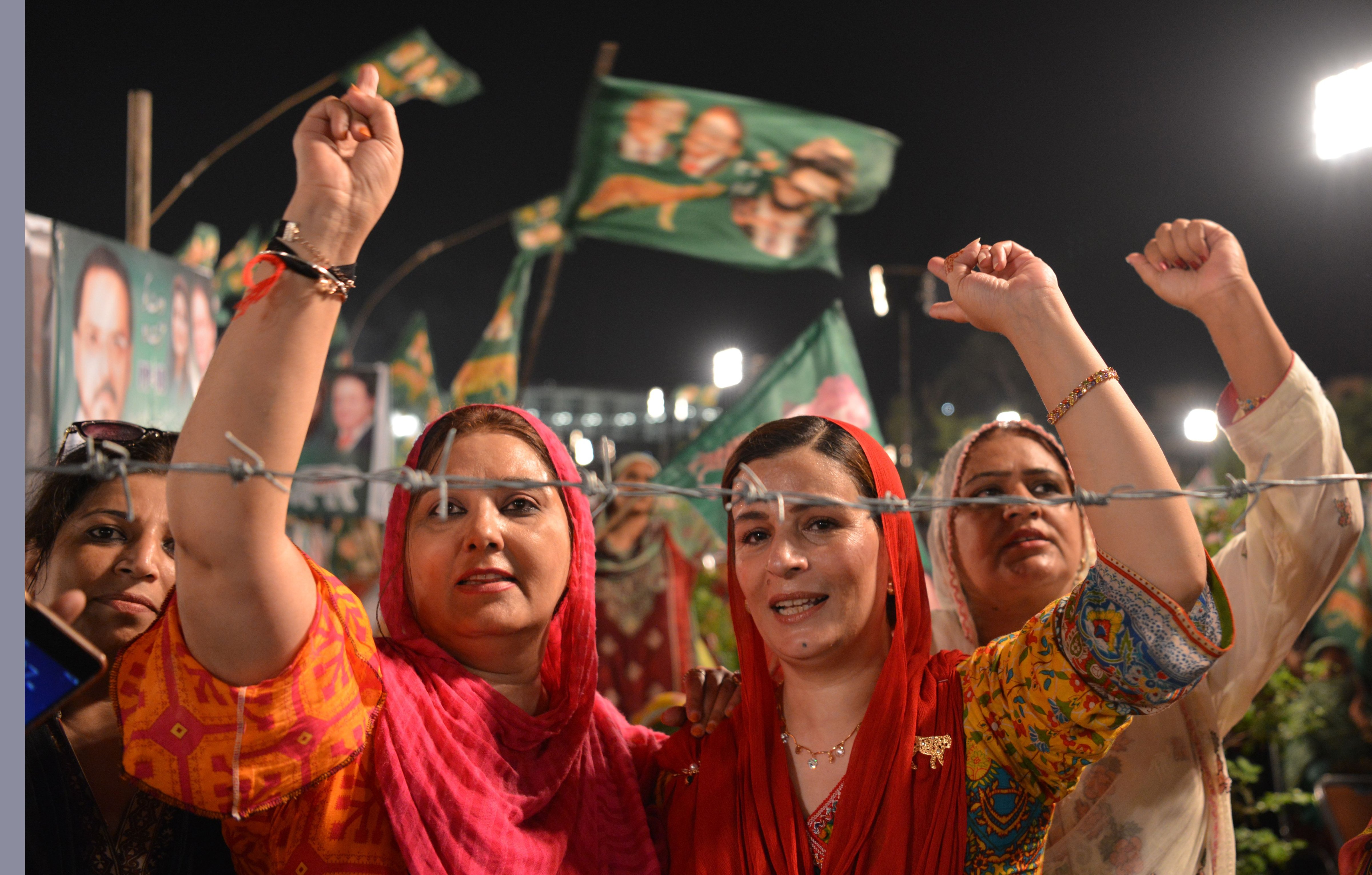 Supporters of Shahbaz Sharif, the younger brother of former Pakistani Prime Minister Nawaz Sharif and head of the Pakistan Muslim League-Nawaz (PML-N), at a campaign meeting ahead of the election in Rawalpindi on July 23, 2018. (Aamir Qureshi—AFP/Getty Images)