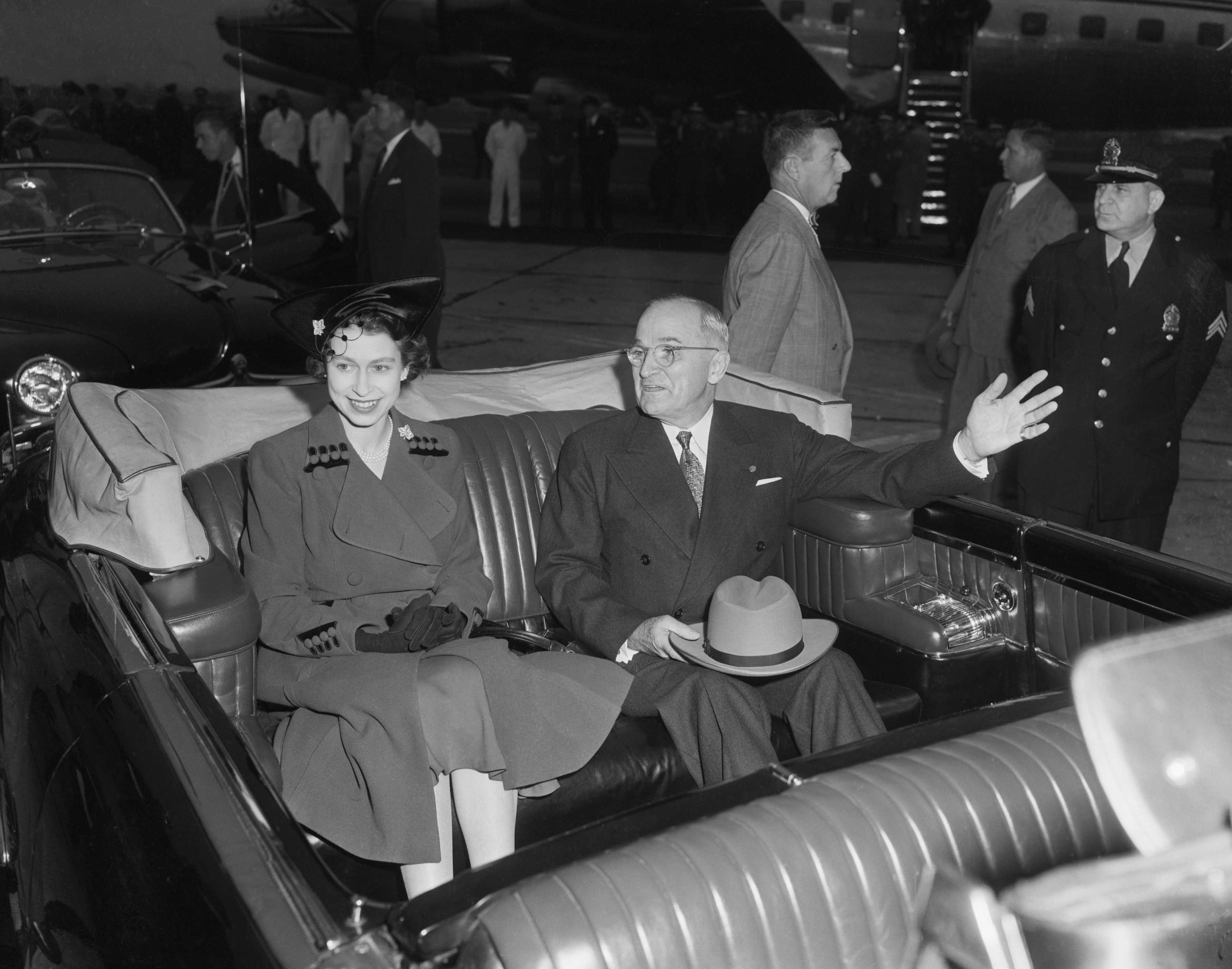 President Harry S. Truman and Britain's Princess Elizabeth are shown as their motorcade got underway following the reception ceremony at Washington National Airport on October 31, 1951. (Bettmann Archive/Getty Images)