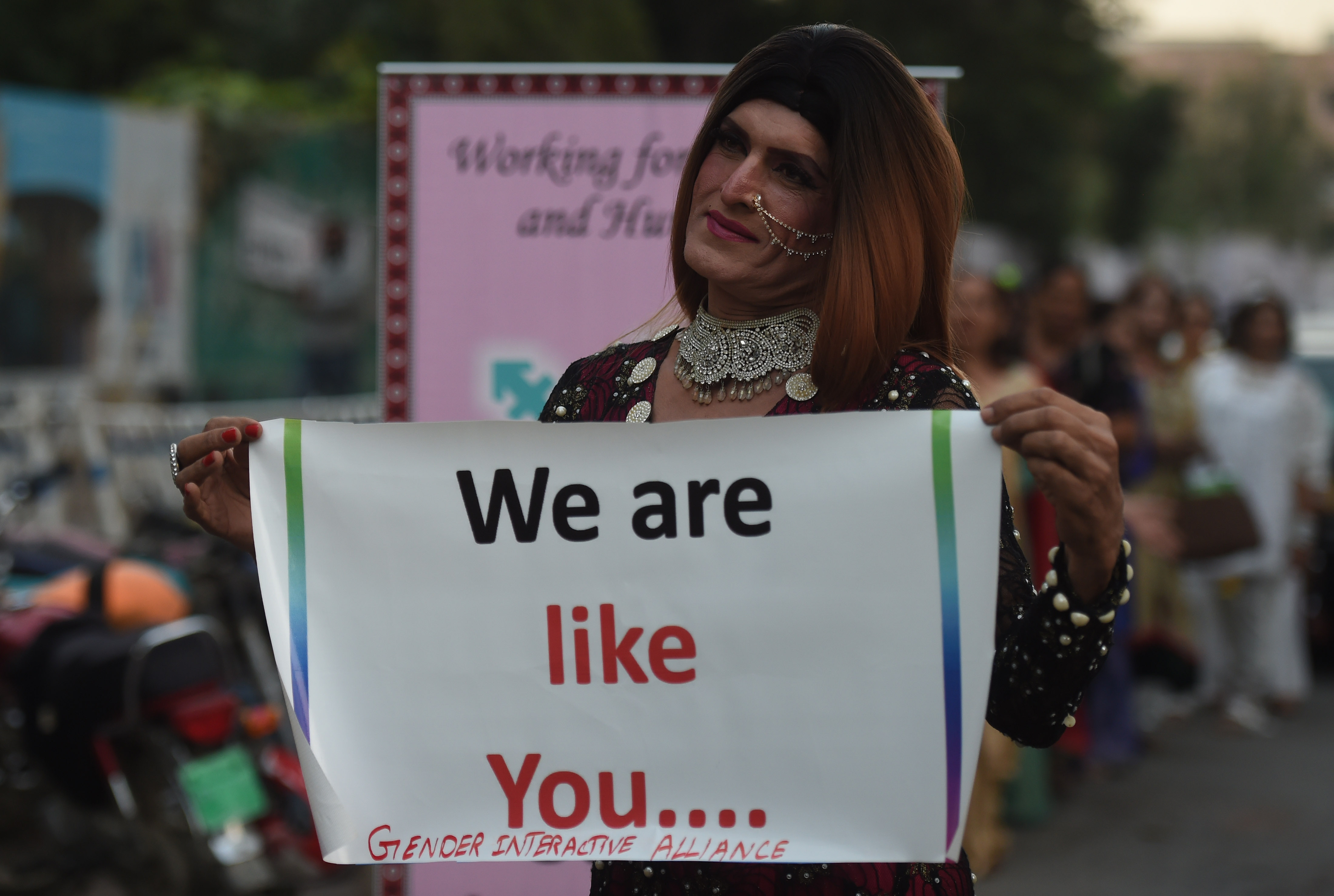A Pakistani transgender activist poses for a photograph as they take part in a demonstration in Karachi on Nov. 20, 2017. (Asif Hassan—AFP/Getty Images)
