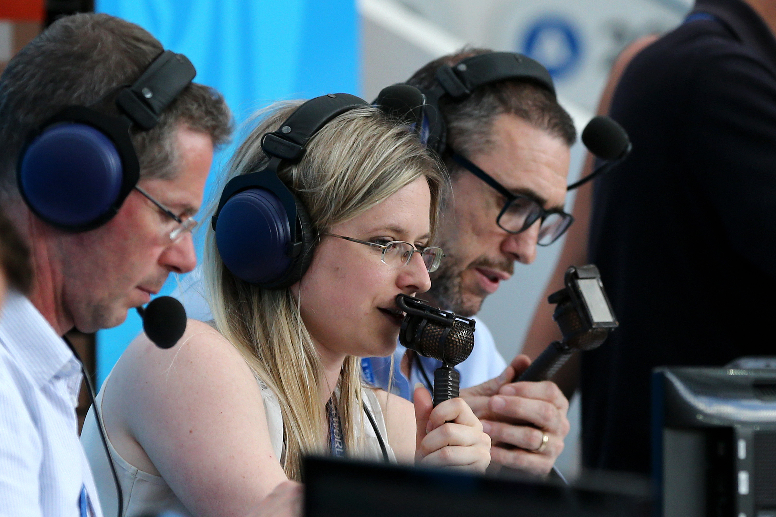 Vicki Sparks commentates for BBC during the 2018 FIFA World Cup Russia group B match between Portugal and Morocco at Luzhniki Stadium on June 20, 2018 in Moscow, Russia. (Maddie Meyer—Getty Images)