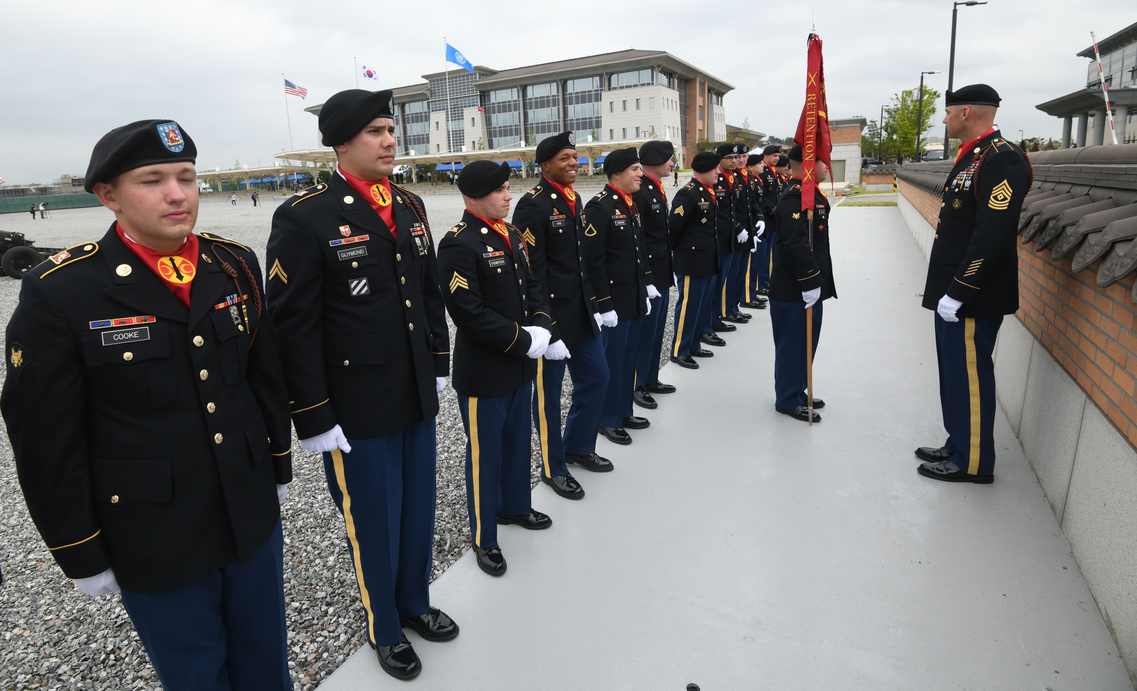 US soldiers stand ahead of a grand opening ceremony of the new headquarters building for the United Nations Command and US Forces Korea at Camp Humphreys in Pyeongtaek on June 29, 2018. (JUNG YEON-JE—AFP/Getty Images)
