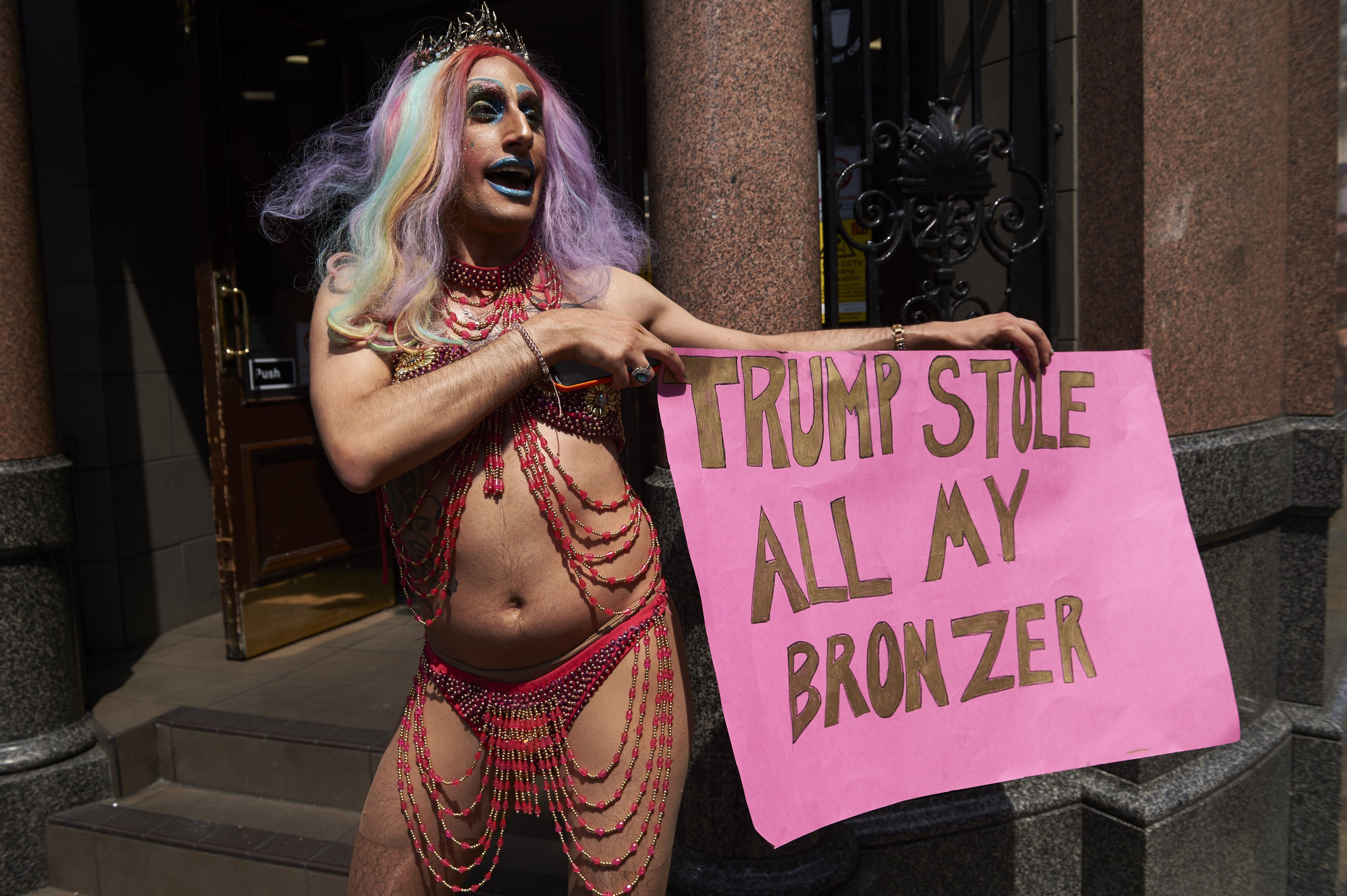 A drag queen joins protesters against the UK visit of US President Donald Trump as they gather to take part in a march and rally in London on July 13, 2018. (NIKLAS HALLEN—AFP/Getty Images)