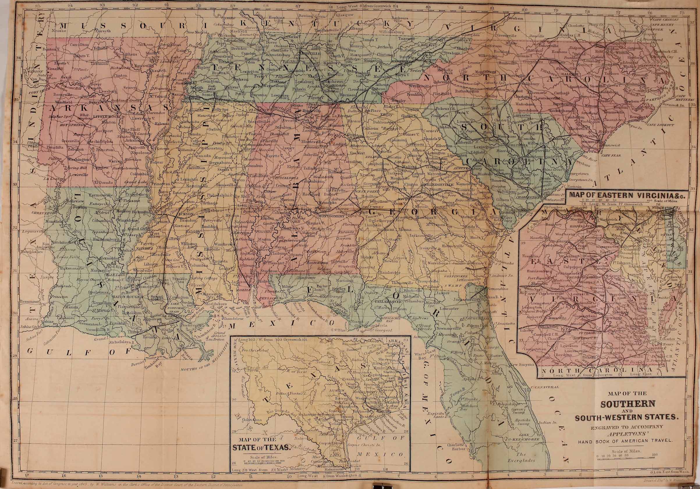 Color, political and physical map of the Southern and South-Western States, with insets illustrating Texas and the Eastern Virginias, 1857. (Smith Collection/Gado/Getty Images)