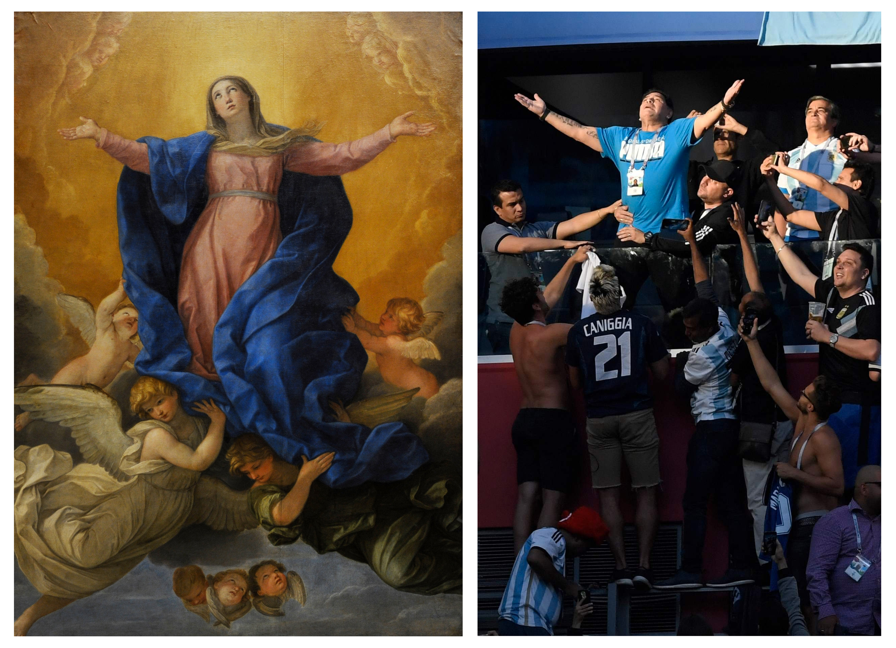 The Assumption of the Virgin Mary painting by Guido Reni ; Argentinian soccer star Diego Maradona (Getty Images)