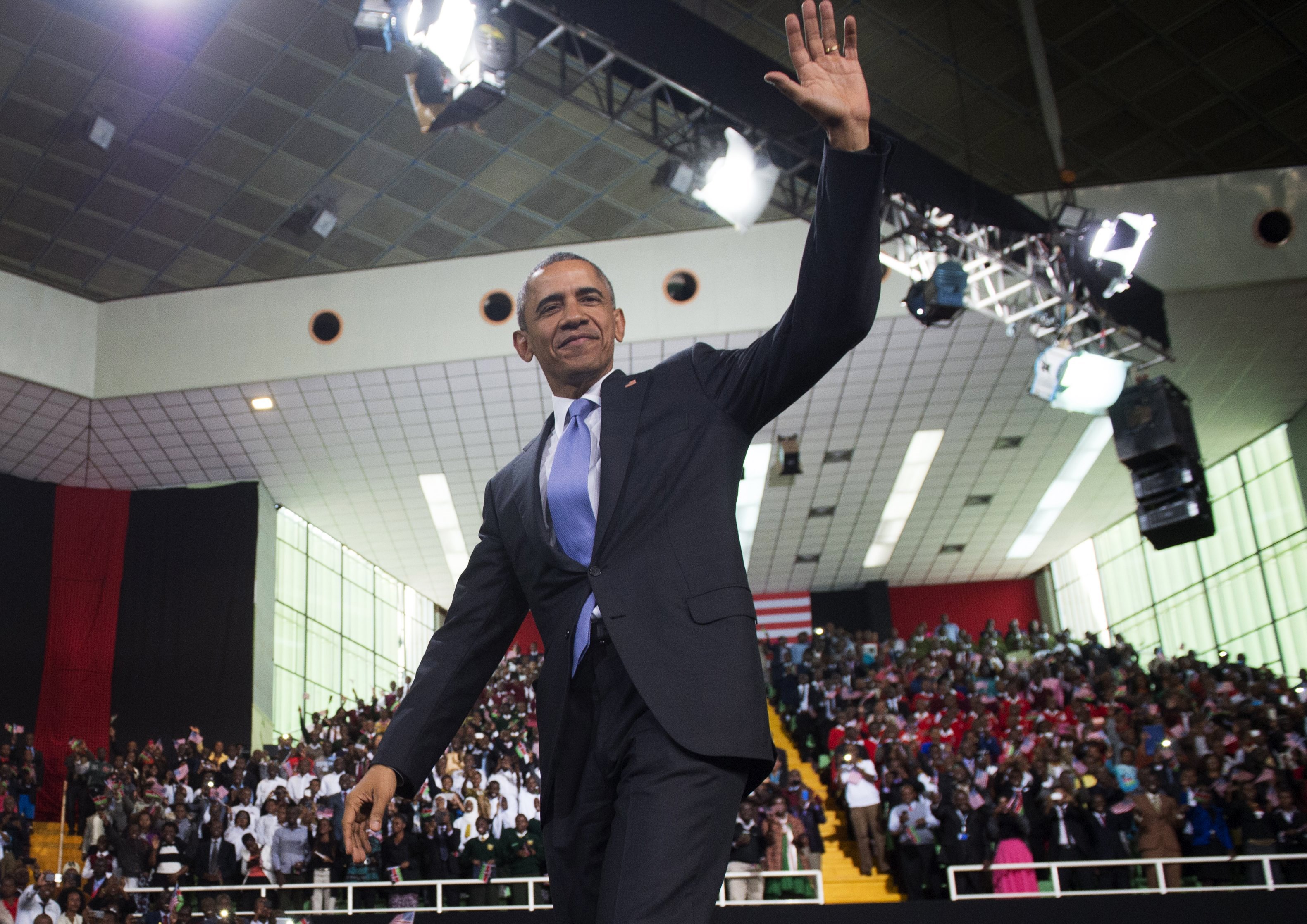 US President Barack Obama arrives to speak at Safaricom Indoor Arena in Nairobi on July 26, 2015, during a two-day landmark visit to Kenya (Saul Loeb — AFP — Getty Images)