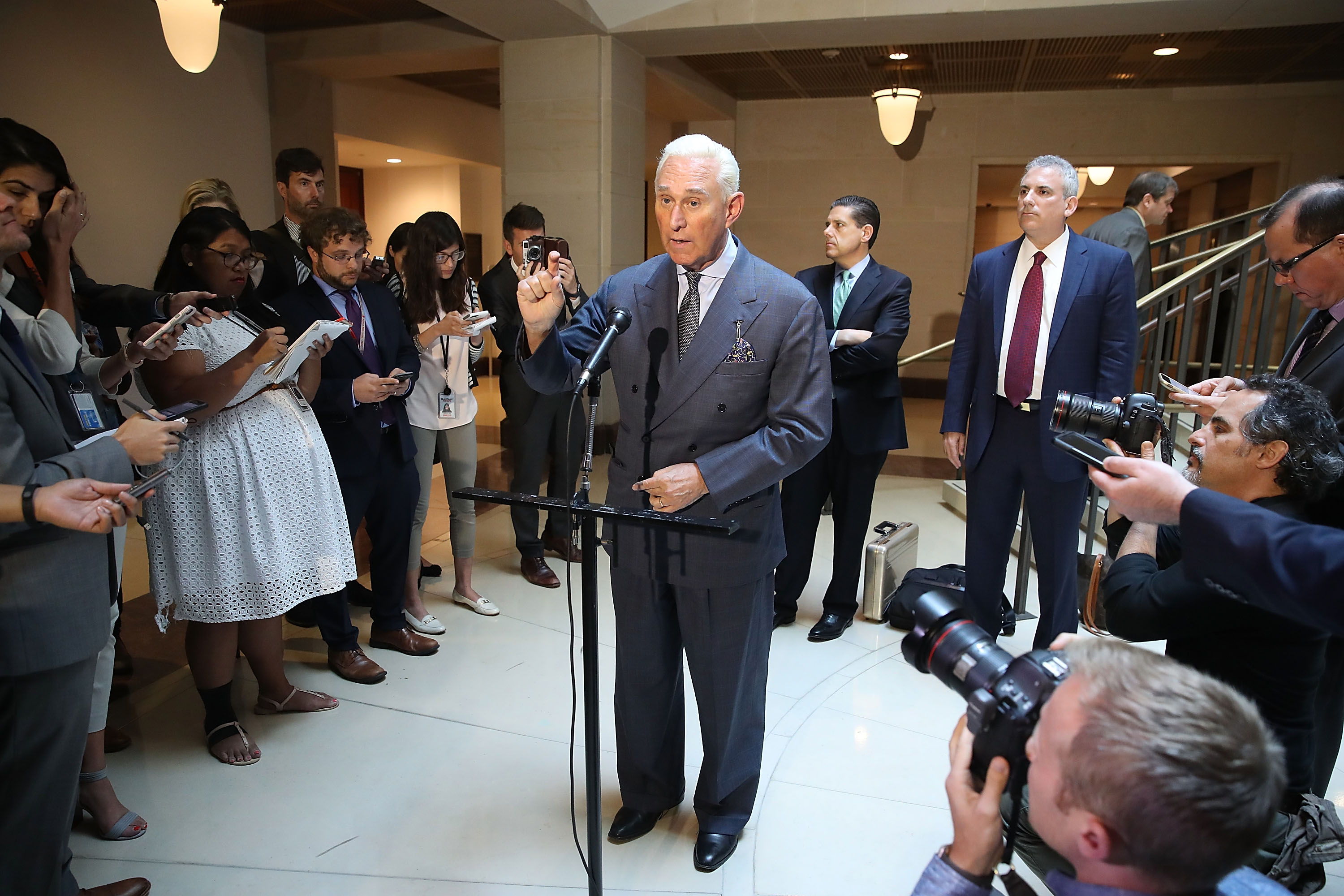 Roger Stone, former confidant to President Trump, speaks to the media after appearing before the House Intelligence Committee during a closed door hearing on September 26, 2017. (Mark Wilson&mdash;Getty Images)