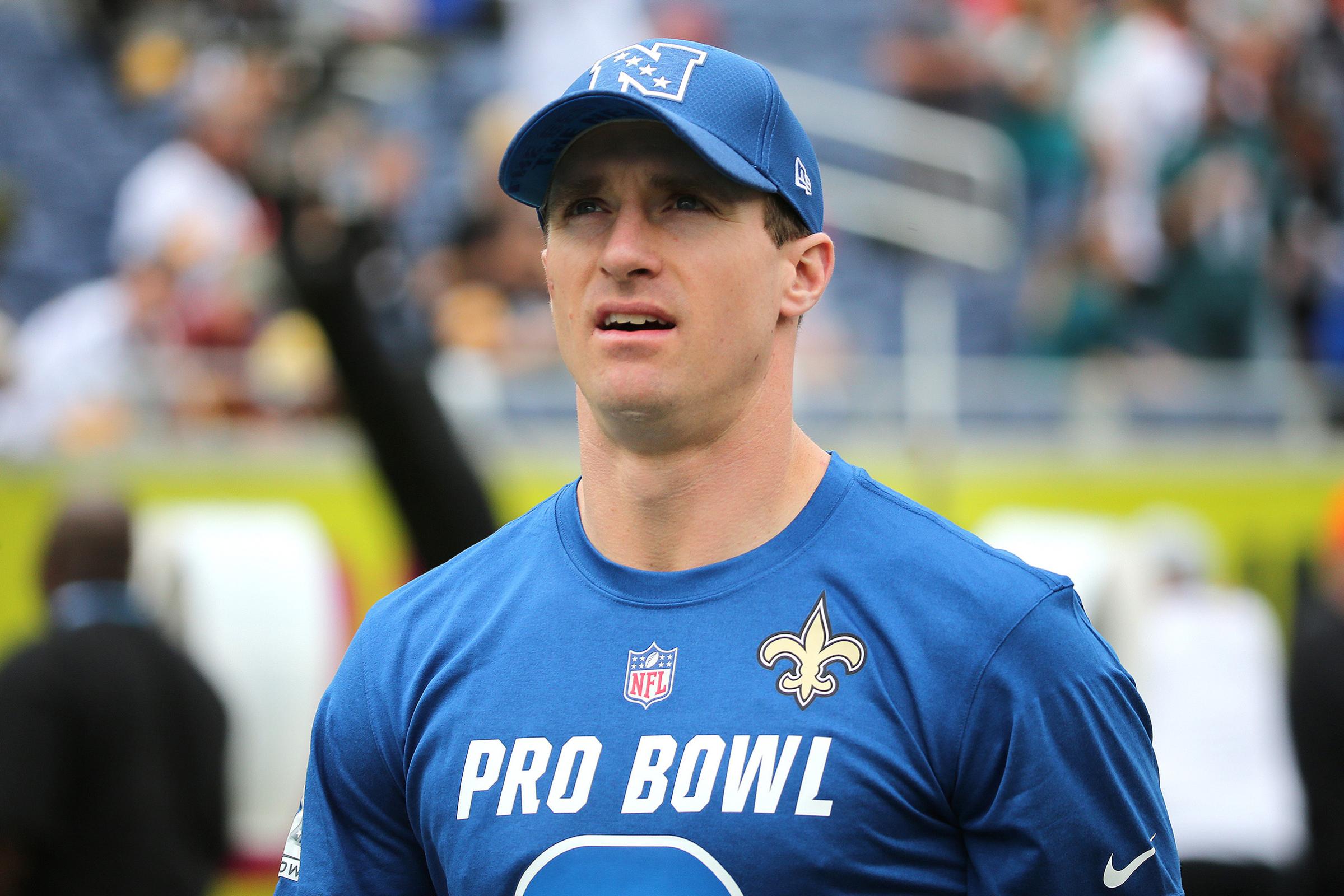 Drew Brees #9 of the New Orleans Saints warms up during the NFL Pro Bowl between the AFC and NFC at Camping World Stadium on Jan. 28, 2018.