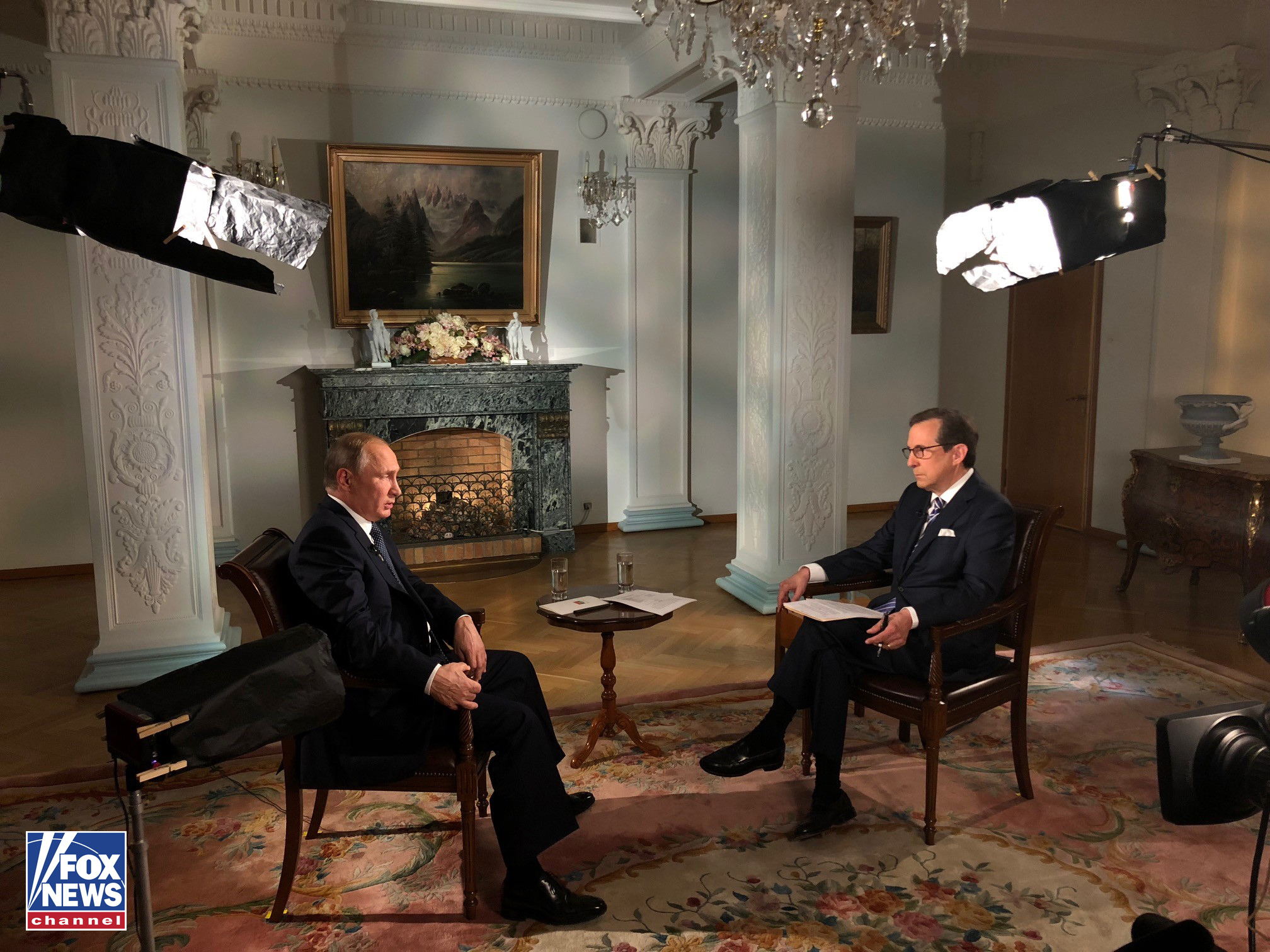 Fox News anchor Chris Wallace interviews Russian President Vladimir Putin in Helsinki, Finland on uly 16, 2018. (Courtesy Fox News)