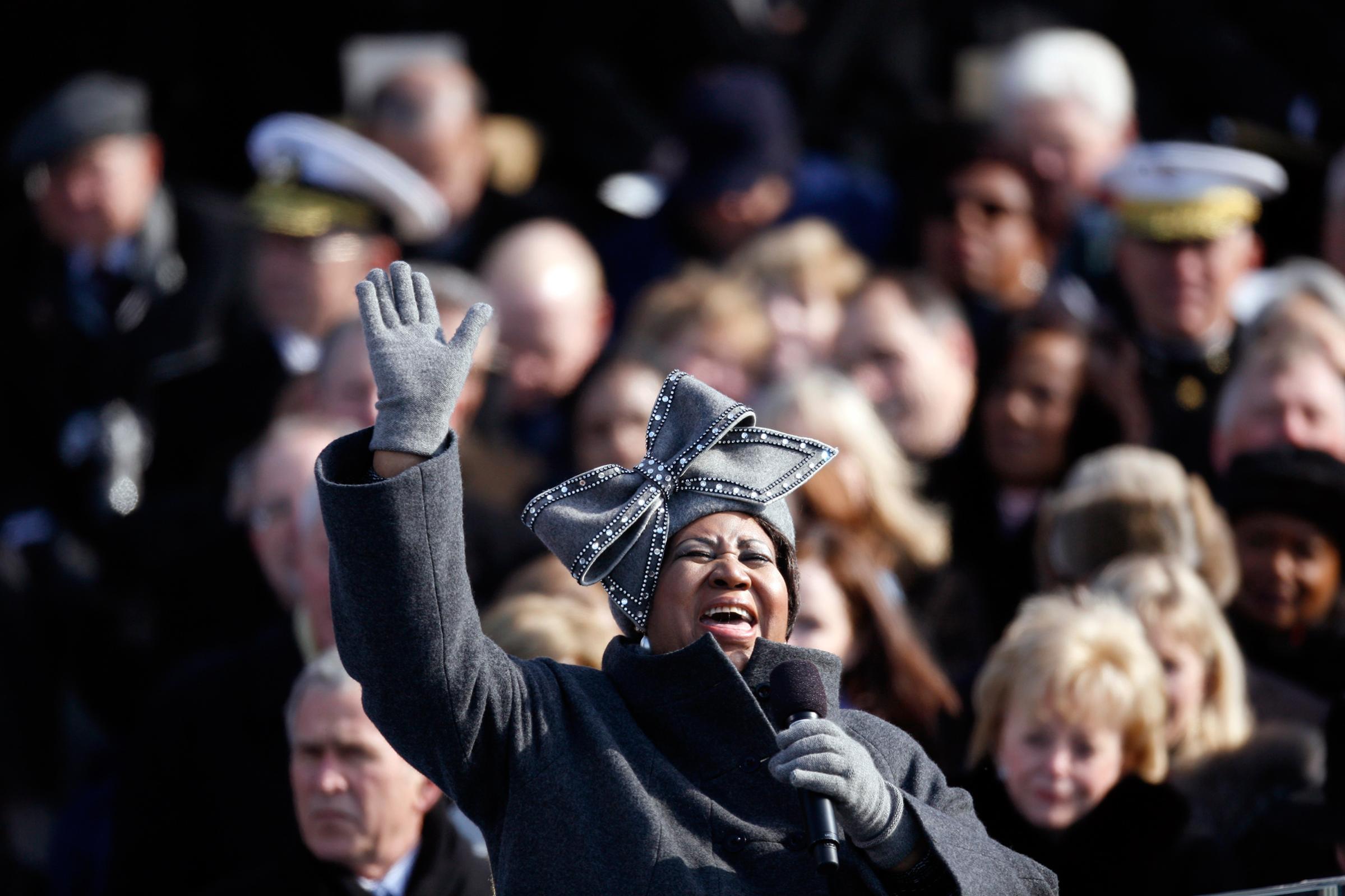 Aretha Franklin sings at the inauguration of President Barack Obama in Washington, D.C. on Jan. 20, 2009.