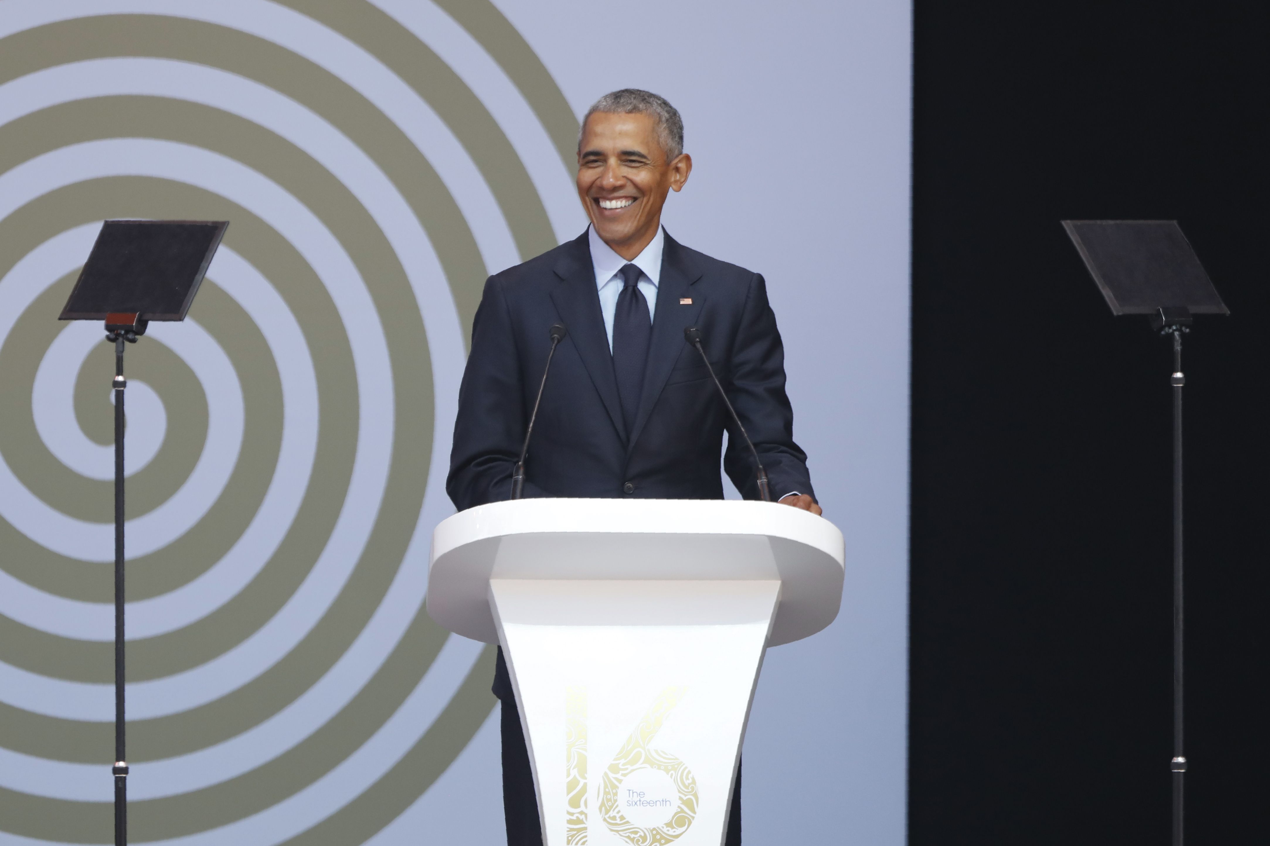 Barack Obama speaks during the 2018 Nelson Mandela Annual Lecture at the Wanderers cricket stadium in Johannesburg on July 17, 2018. (MARCO LONGARI&mdash;AFP/Getty Images)