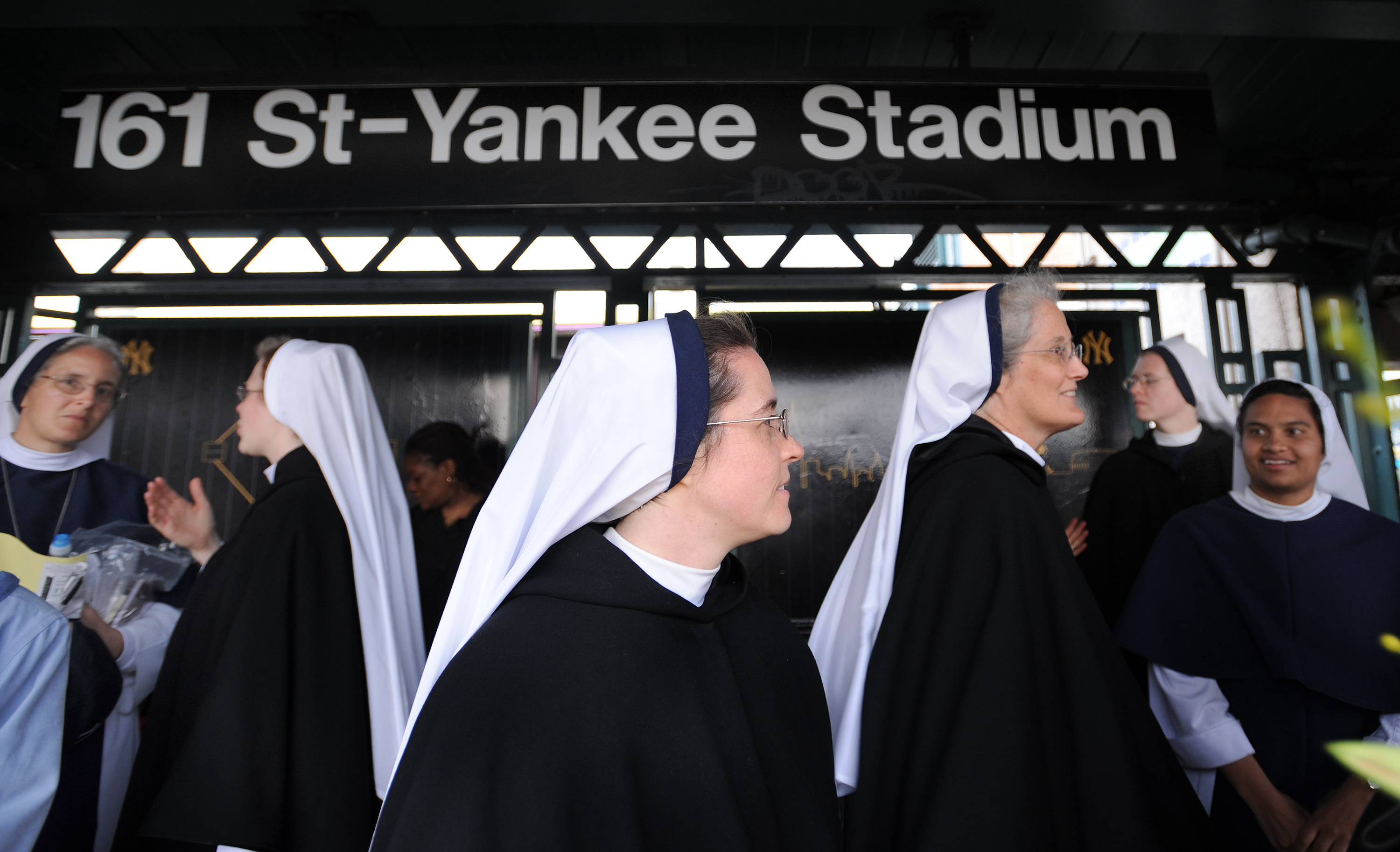 Some of the Sisters of Life nuns joined the faithful riding the 4 train home from Yankee Stadium after Pope Benedict XVI held mass at the stadium . (New York Daily News Archive&mdash;NY Daily News via Getty Images)