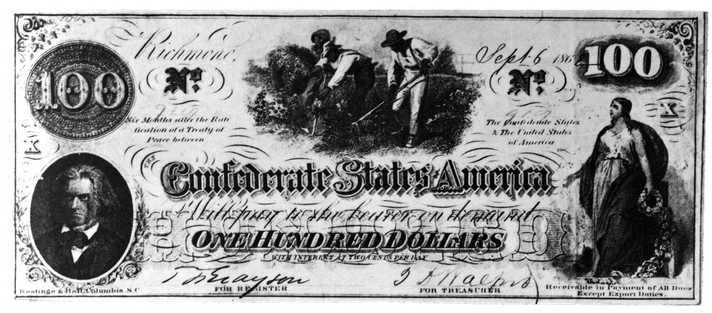 A one hundred dollar note issued by the Confederate States of America, late nineteenth century. (Interim Archives/Getty Images)