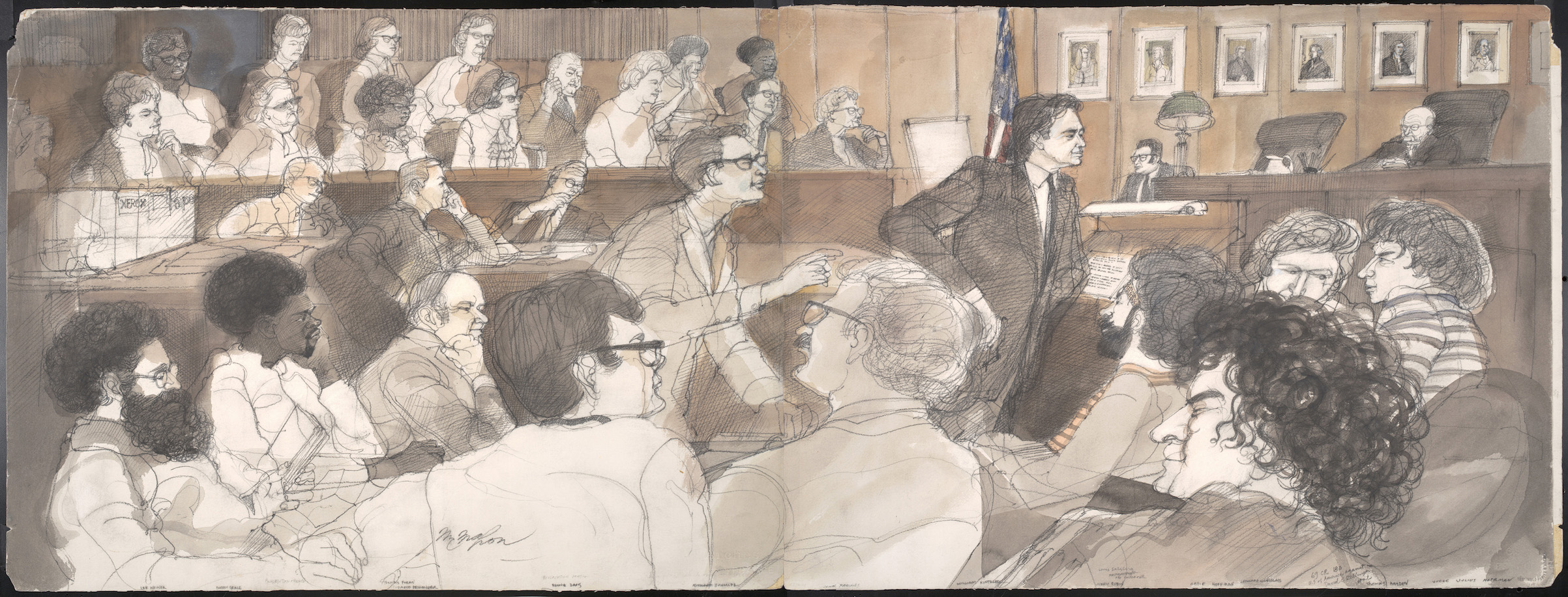 Panoramic view of courtroom with the defendants, prosecutors, jury, and judge, in a courtroom illustration (by Franklin McMahon) during the trial of the Chicago Eight, Chicago, Illinois, late 1969 or early 1970. (Chicago History Museum/Getty Images)