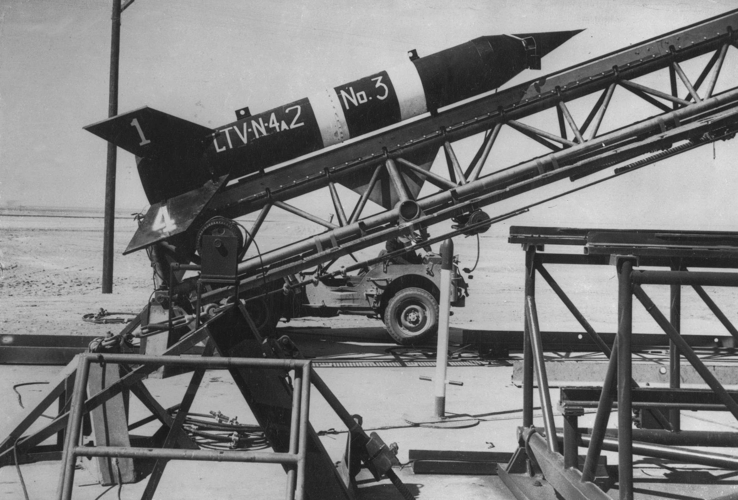 A newly-developed  rocket on a launching ramp at the Naval Ordnance Test Station at China Lake, Calif., Feb. 12, 1949. (Keystone/Getty Images)