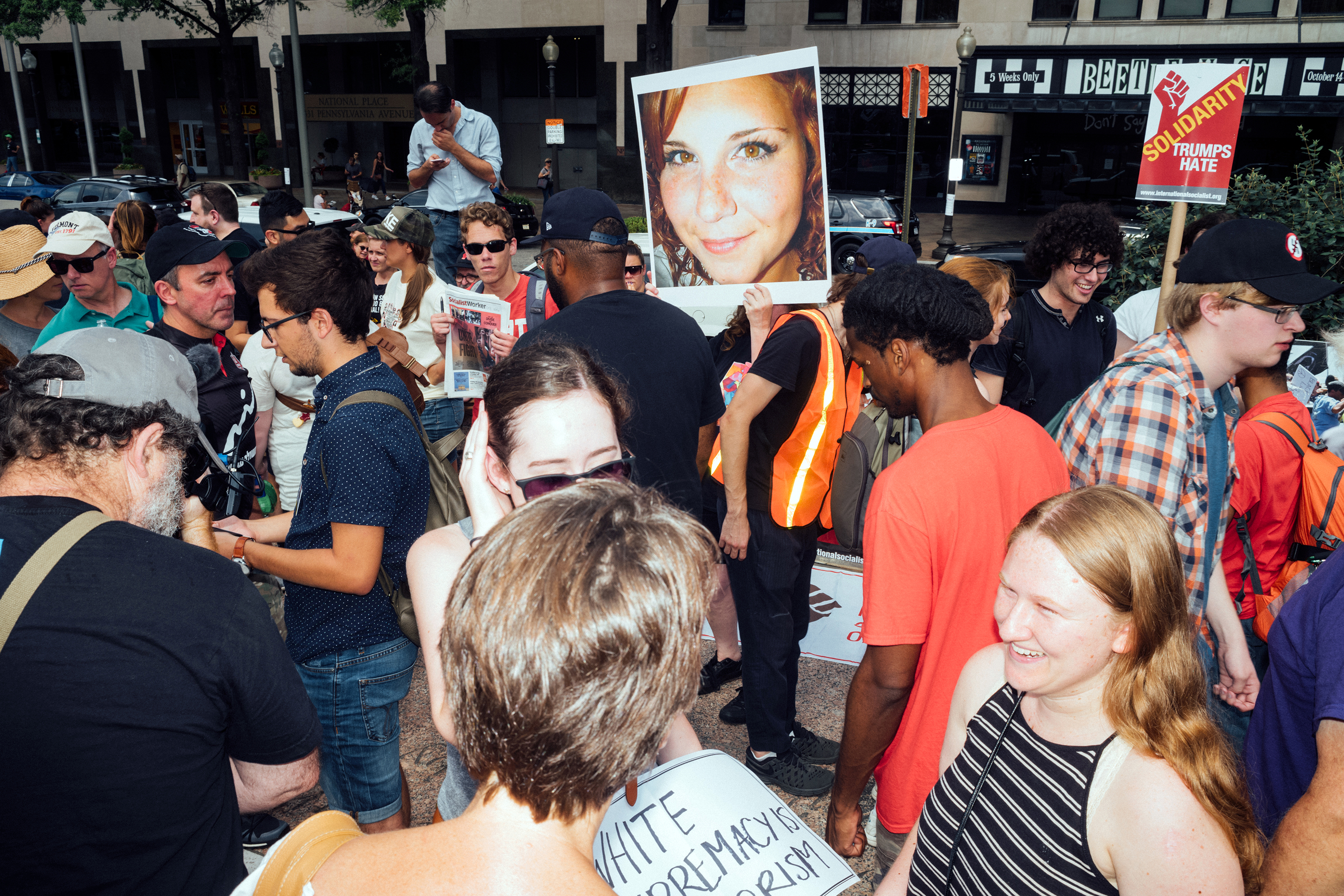 A poster bearing the face of Heather Heyer, who was killed after a vehicle was rammed into a crowd of counter-protesters at the Unite the Right rally in Charlottesville a year earlier. (Daniel Arnold for TIME)