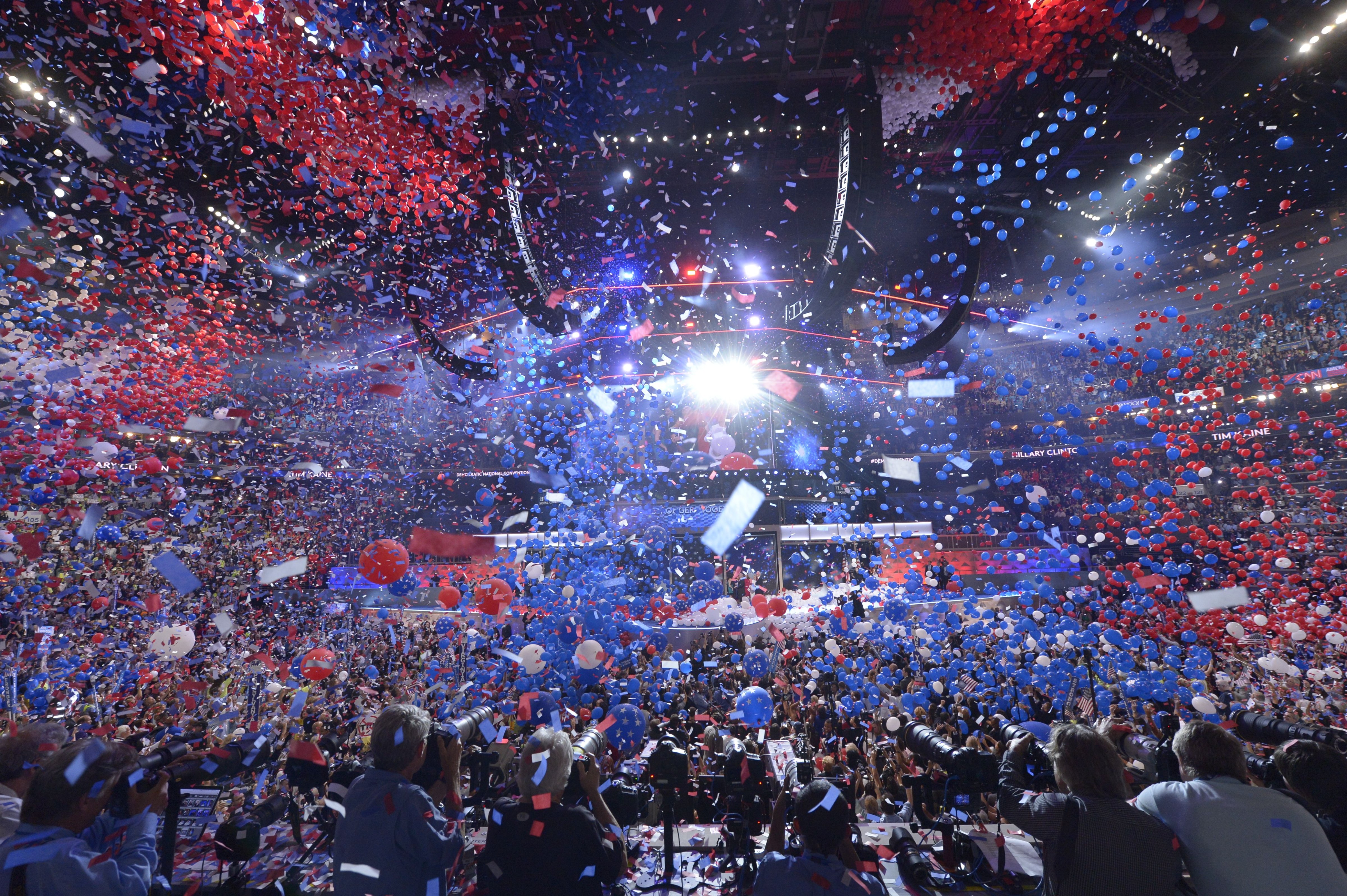 Balloons come down on at the end of the fourth and final night of the Democratic National Convention at Wells Fargo Center in Philadelphia, PA on July 28, 2016. (SAUL LOEB/AFP/Getty Images)