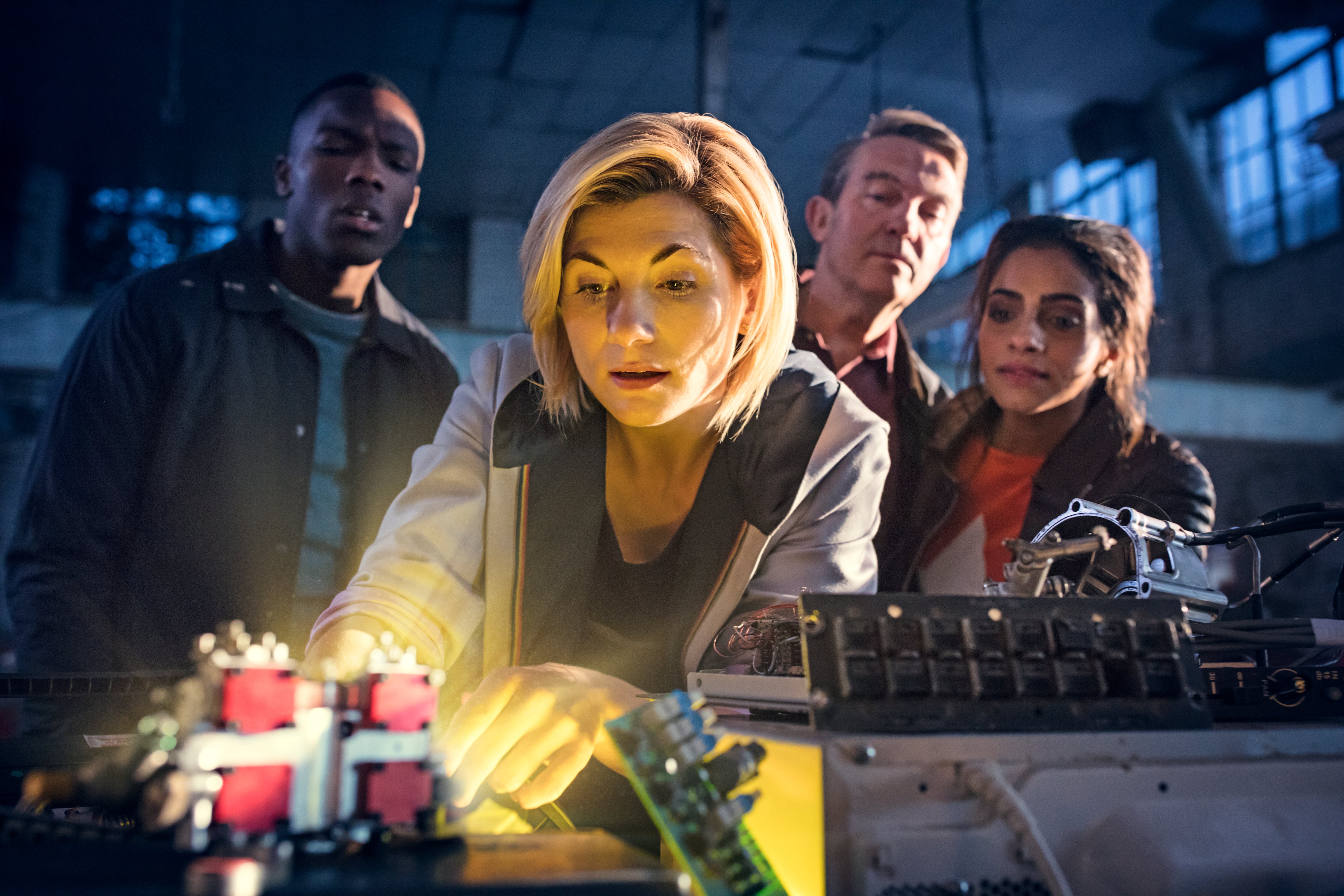 Tosin Cole, Jodie Whittaker, Bradley Walsh and Mandip Gill in Doctor Who (Sophie Mutevelian—BBC.)