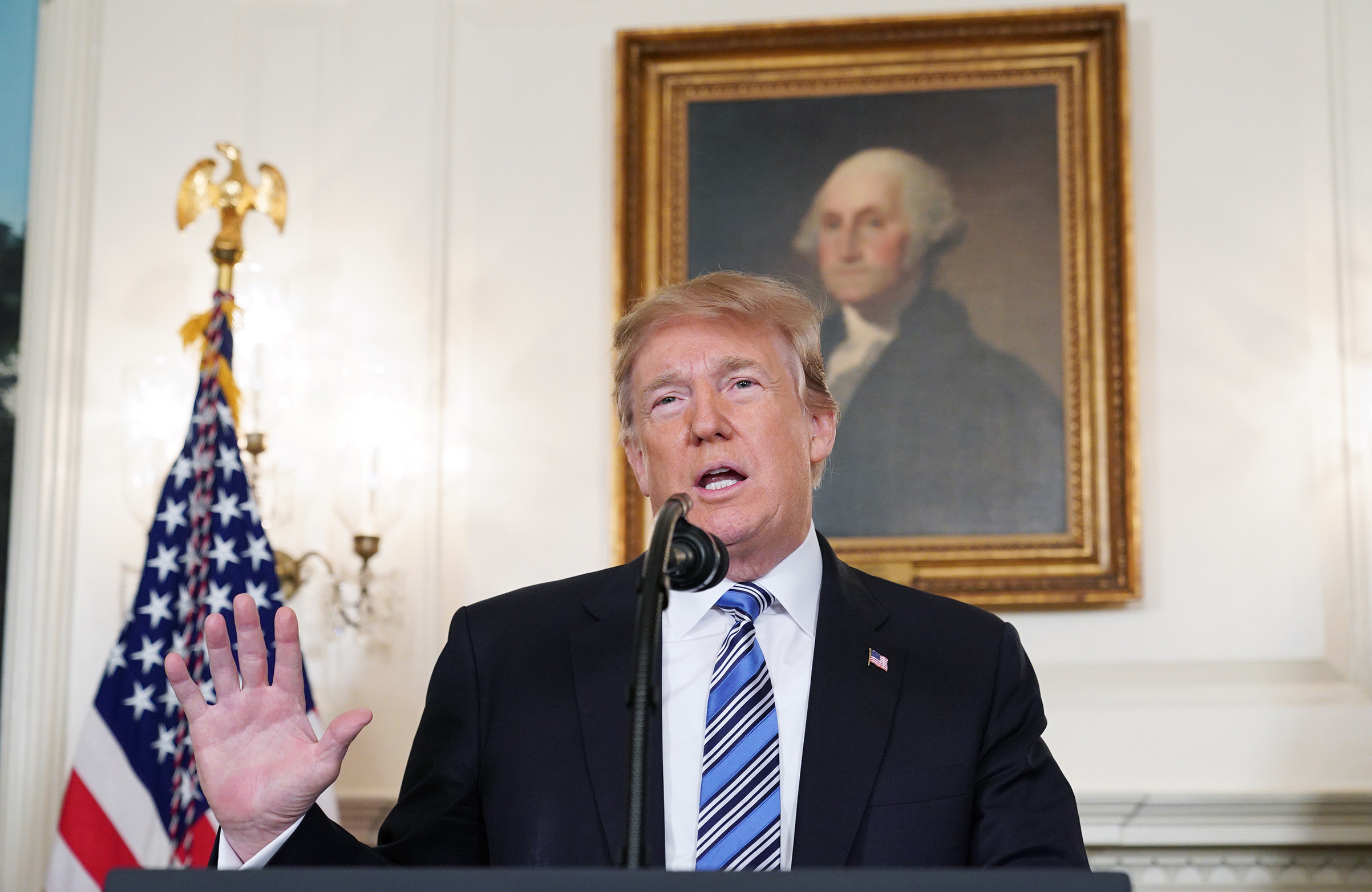 President Donald Trump speaks in the Diplomatic Reception Room of the White House on Feb. 15, 2018 in Washington, DC. (Mandel Ngan—AFP/Getty Images)