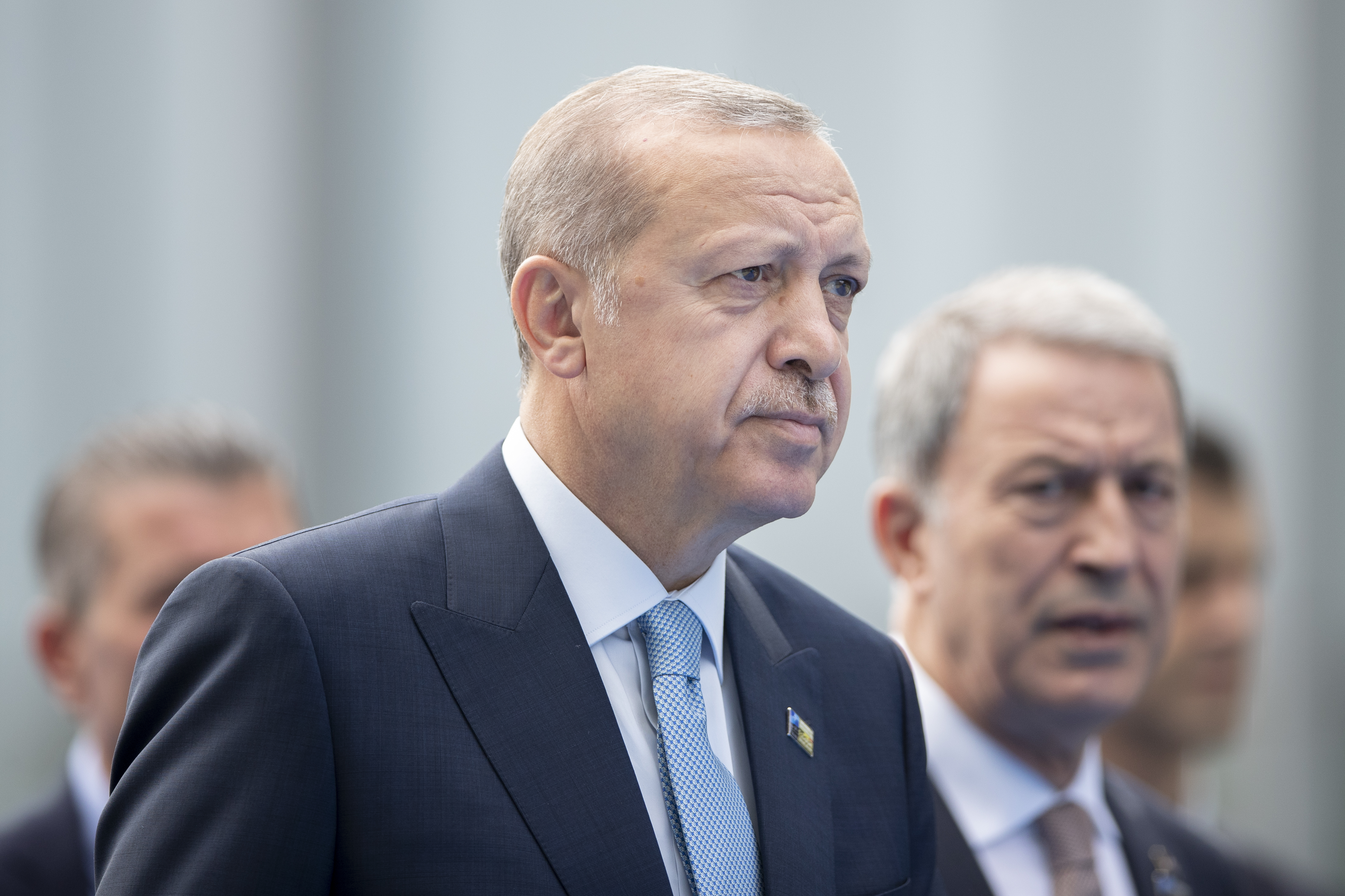 Turkish President Recep Tayyip Erdogan arrives at the 2018 NATO Summit at NATO headquarters on July 12, 2018 in Brussels, Belgium. (Jasper Juinen—Getty Images)