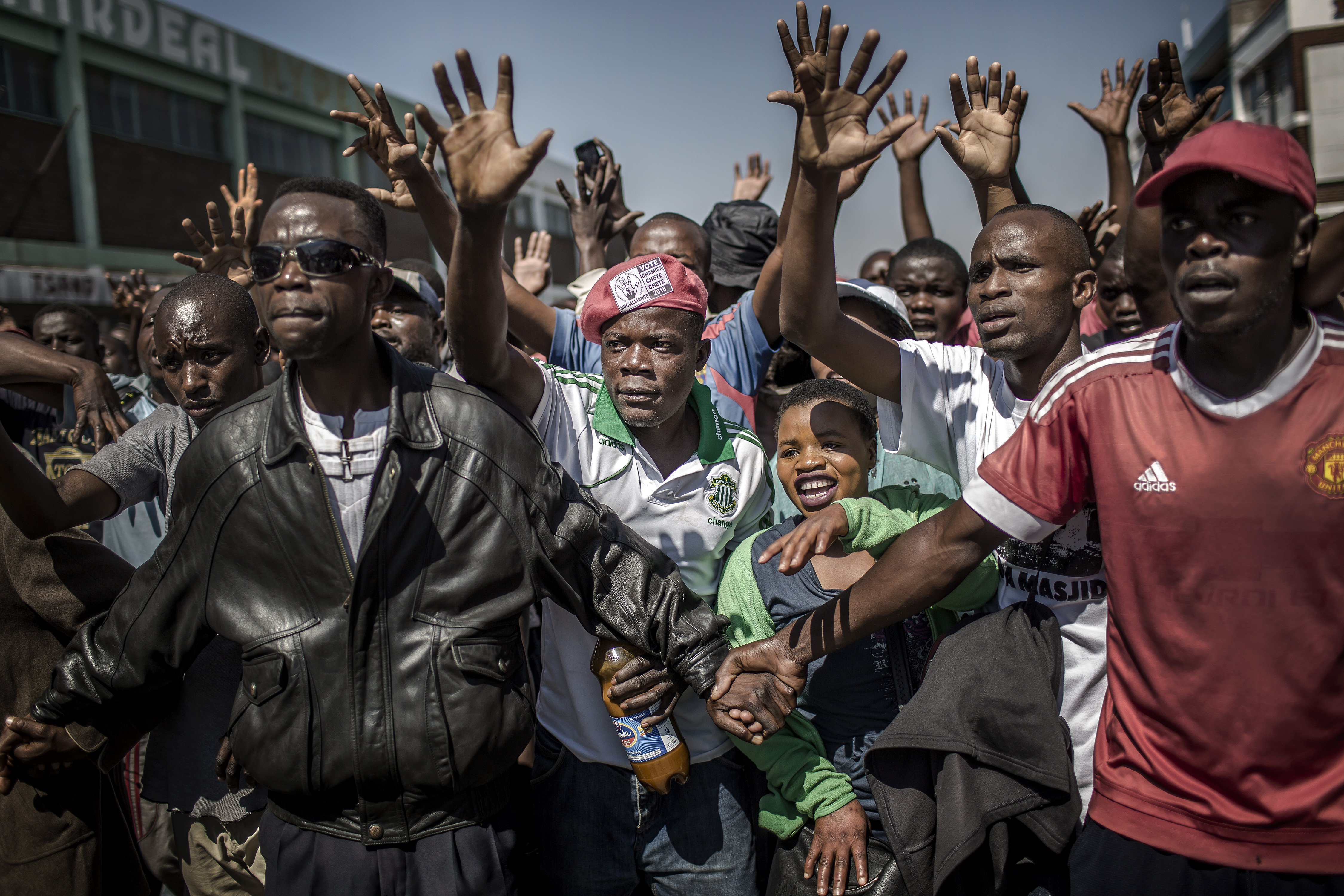 Supporters of the opposition party Movement for Democratic Change (MDC), protest against alleged election fraud in Harare, Zimbabwe on Aug. 1, 2018. (Luis Tato—AFP/Getty Images)