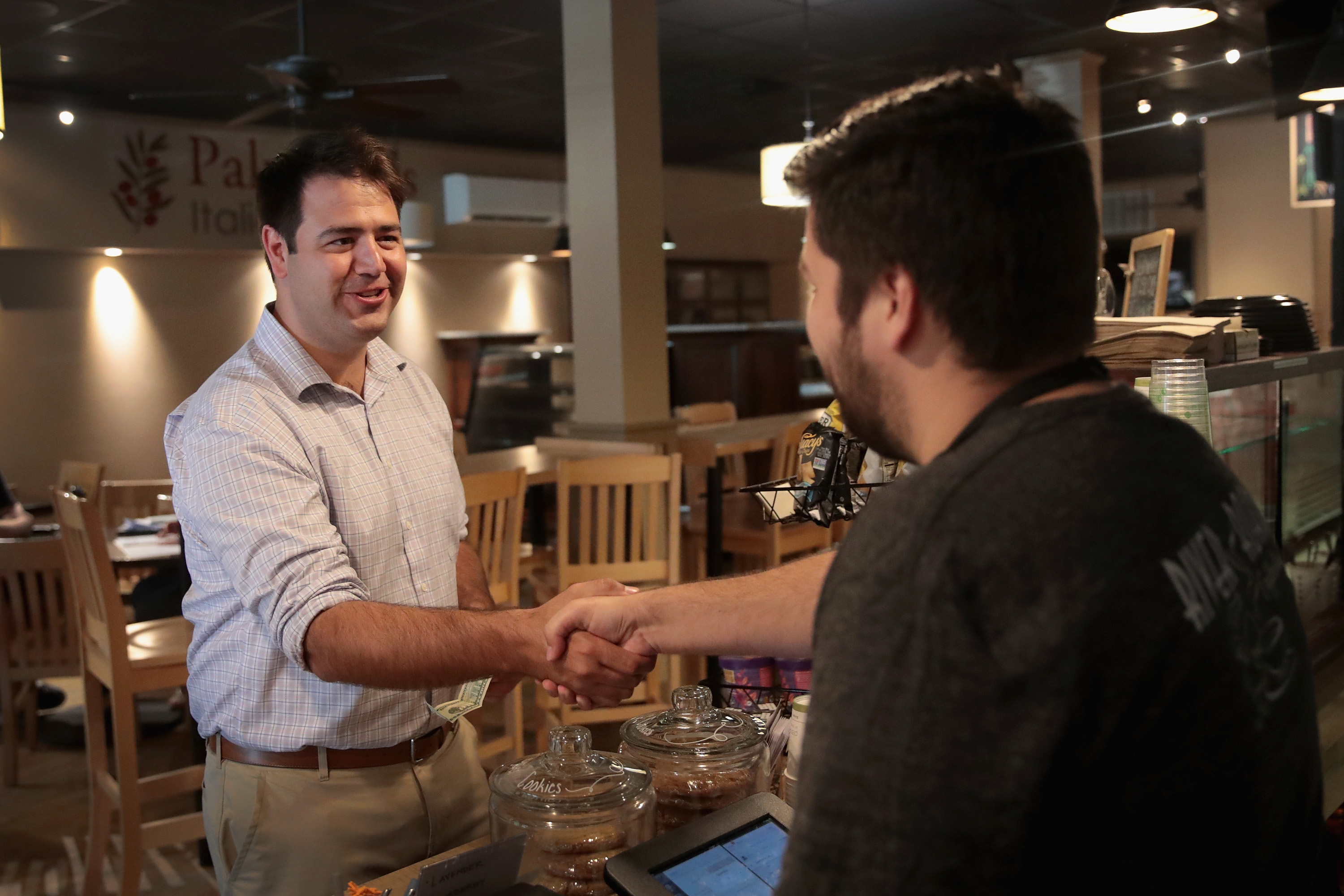 Ohio Democratic congressional candidate Danny O'Connor visits the River Road Coffeehouse while campaigning on August 6, 2018 in Newark, Ohio. O'Connor is in a dead heat race against Republican challenger Troy Balderson for tomorrow's special election in Ohio's 12th Congressional District. (Scott Olson&mdash;Getty Images)