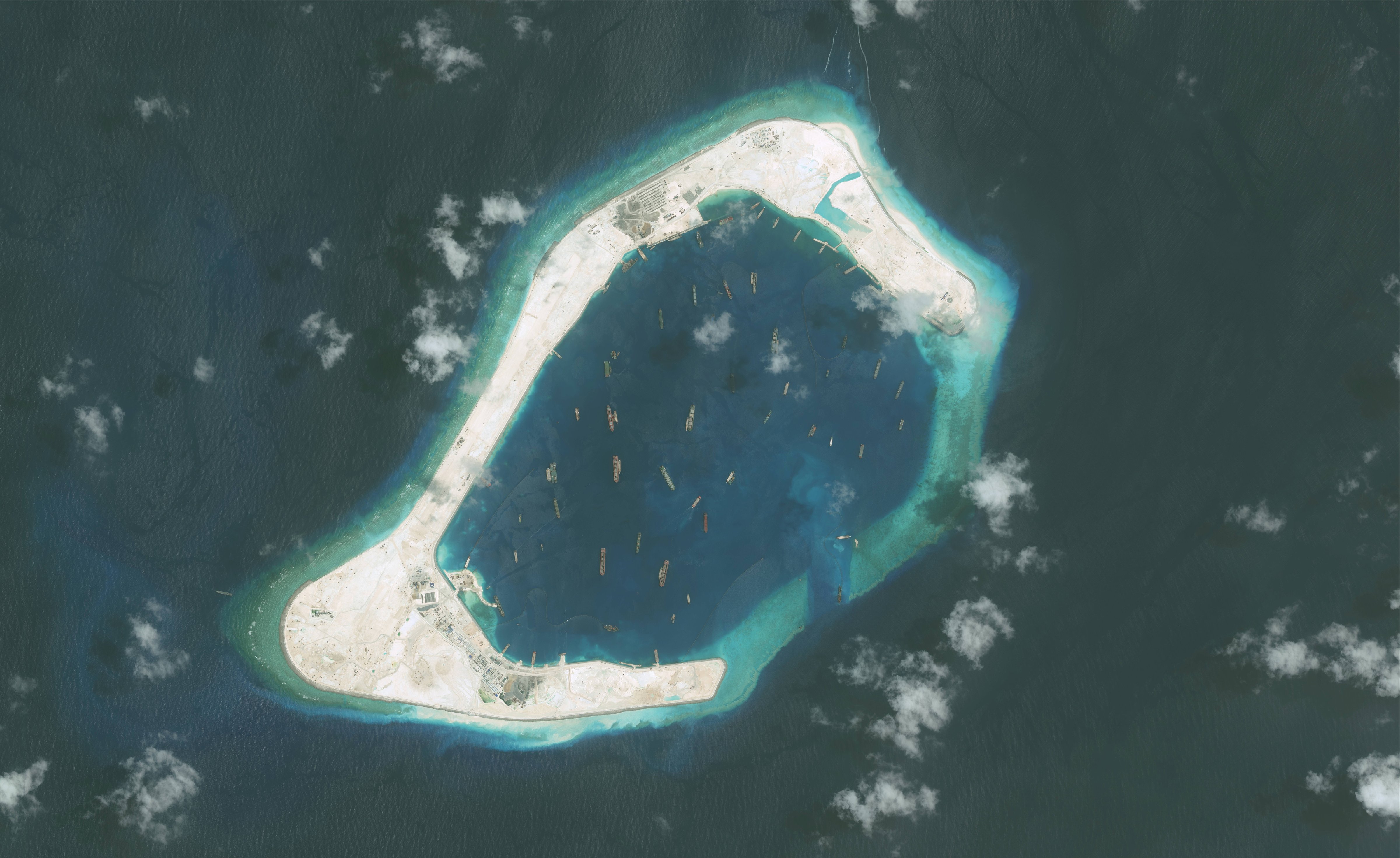 DigitalGlobe imagery of the Subi Reef in the South China Sea, a part of the Spratly Islands group. Photo DigitalGlobe via Getty Images.