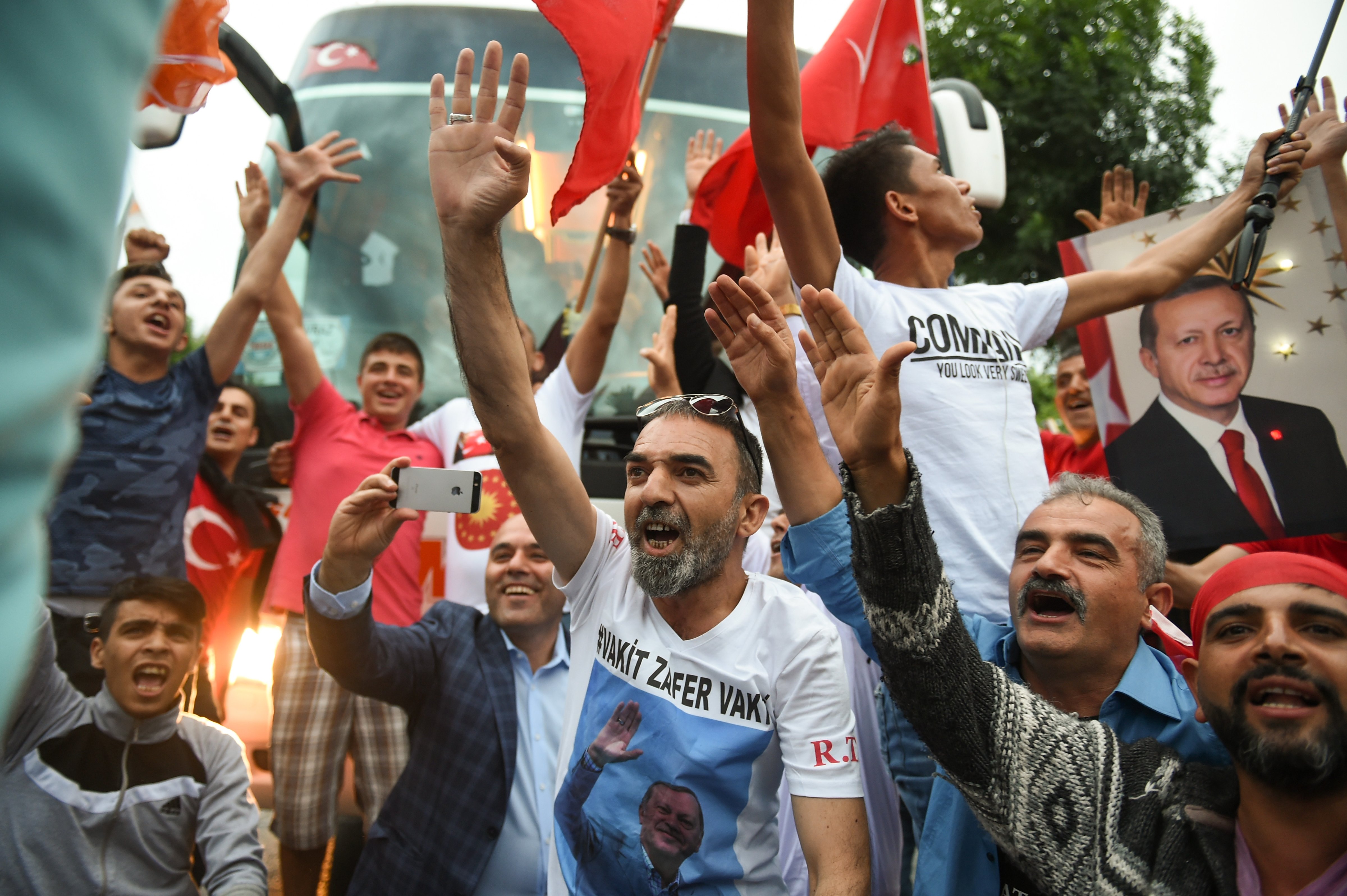 President Recep Tayyip Erdogan's supporters celebrate outside the AK party headquarters on June 24, 2018 in Istanbul, Turkey (Jeff J Mitchell—Getty Images)