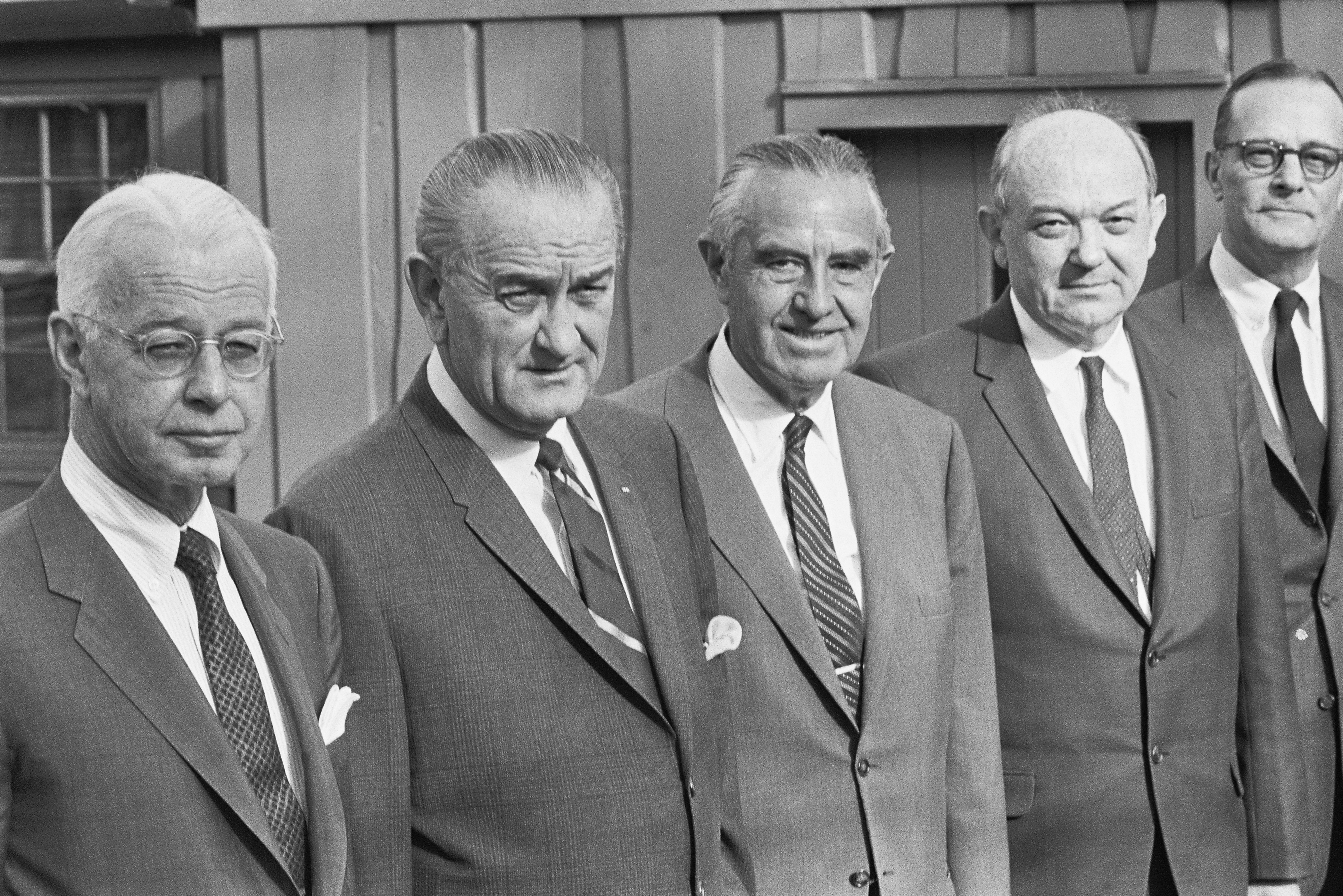 President Johnson is joined by several of his top advisors at Camp David to discuss the Vietnam War. It is believed by some that the meeting was held so as to excuse the president from attending Martin Luther King, Jr.'s funeral. (Wally McNamee—Corbis via Getty Images)