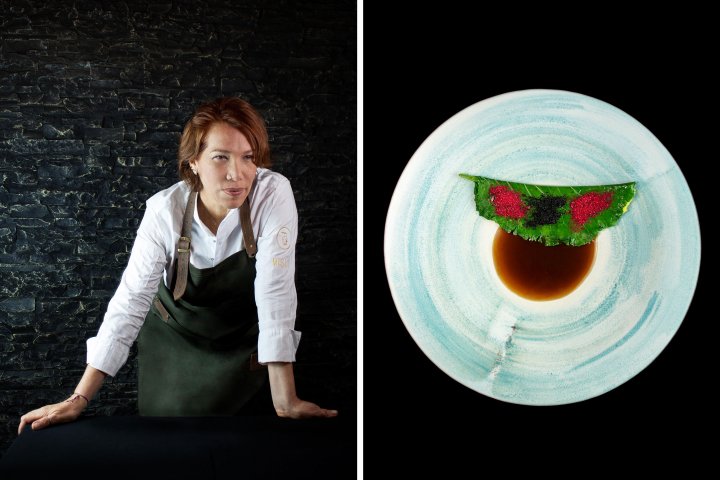 Chef Leonor Espinosa and a dish from the restaurant Leo in Bogota
