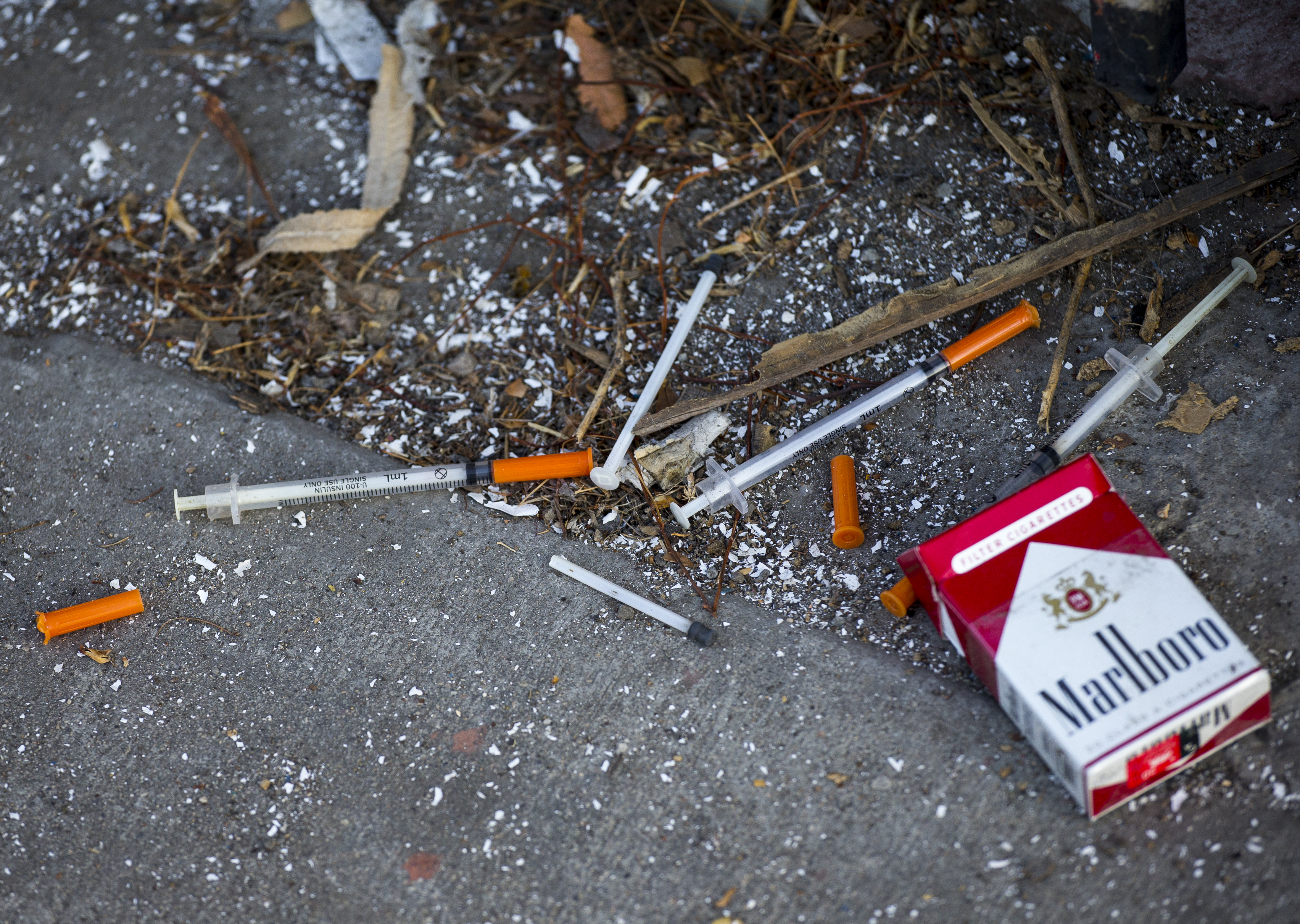 The picture show used syringes lining a sidewalk in Los Angeles, CA. (NurPhoto&mdash;NurPhoto via Getty Images)