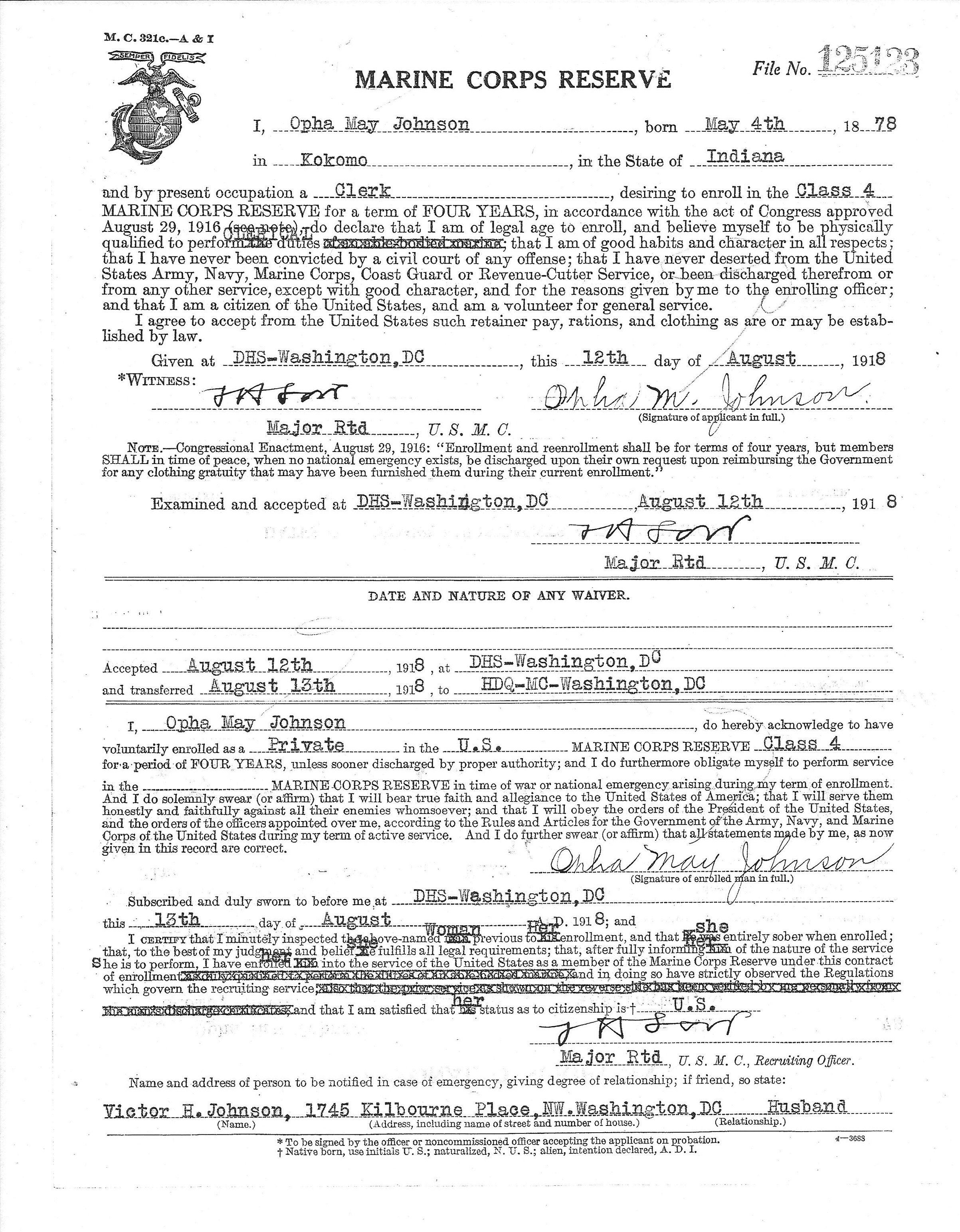 The document that Opha May Johnson signed on Aug. 13, 1918, making her the first woman to enlist in the United States Marine Corps. (Courtesy of the Women Marines Association)