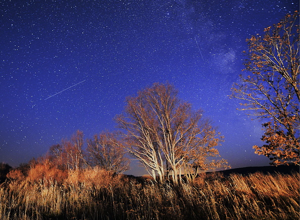 Meteors streak across the night sky during the Orionid meteor shower on Oct. 23, 2016. (Yuri SmityukTASS via Getty Images)