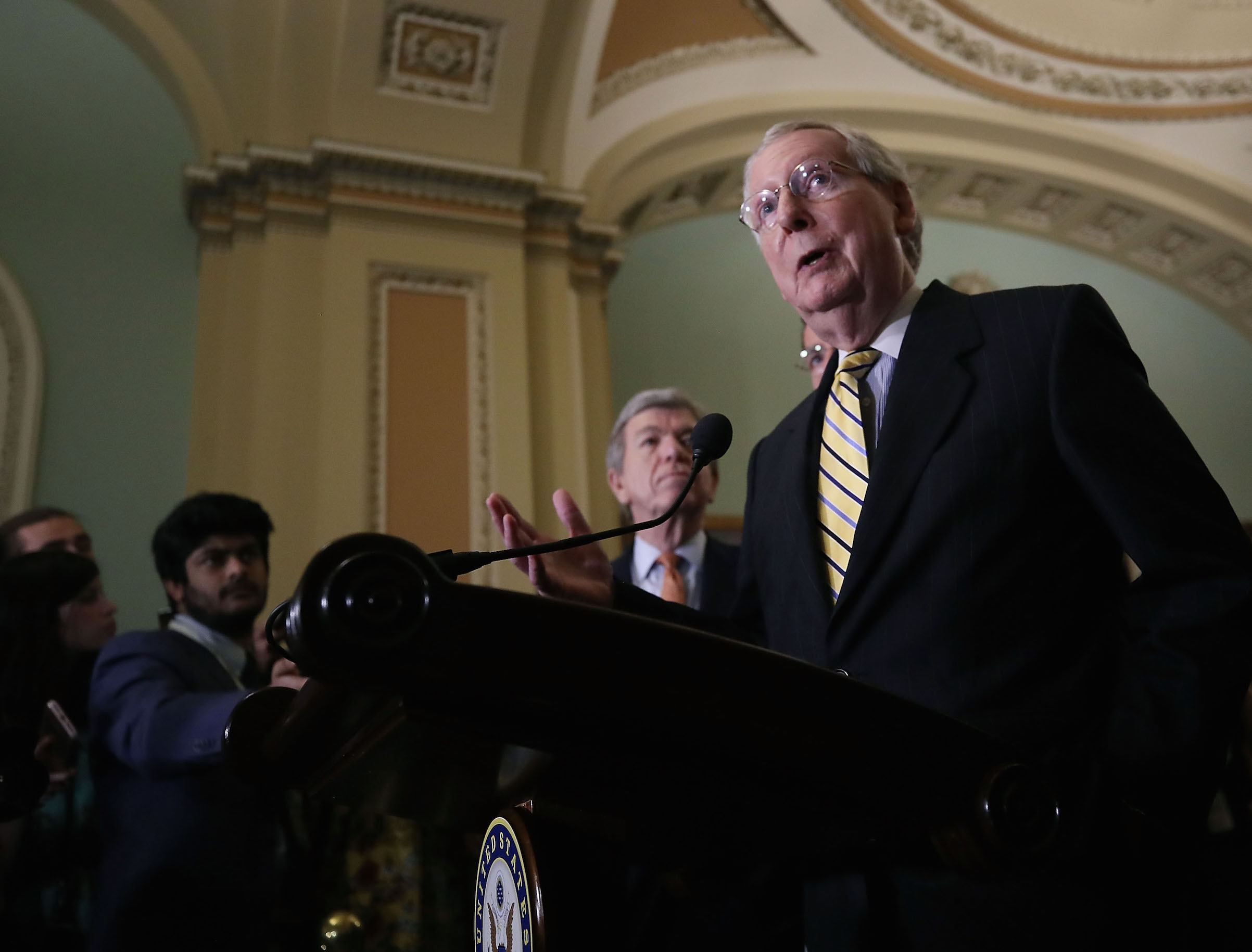 Senate Majority Leader Mitch McConnell (R-KY) speaks after attending the Senate Republican policy luncheon on June 5, 2018 in Washington, DC. McConnell announced that he had canceled the Senate's August recess. (Mark Wilson—Getty Images)