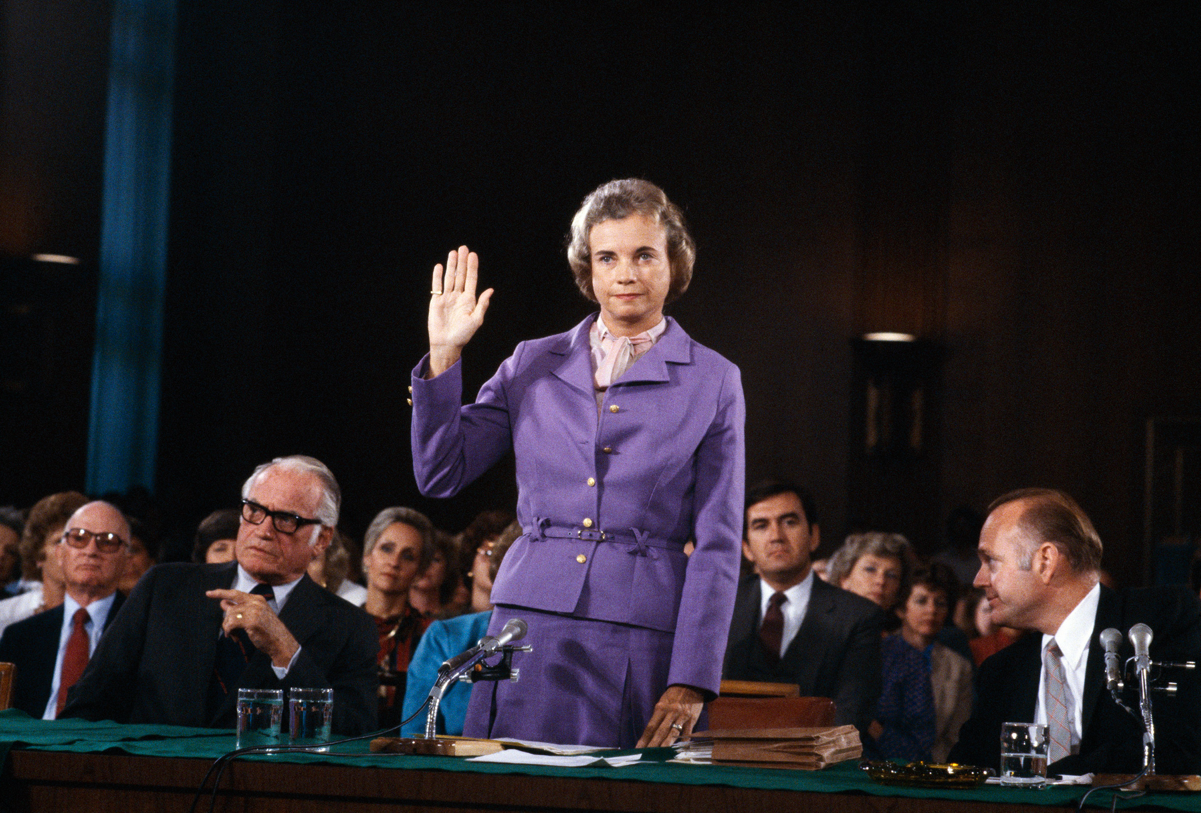 Sandra Day O'Connor is sworn in before the Senate Judiciary committee during confirmation hearings in 1981 in Washington, D.C. as she seeks to become the first female Supreme Court Justice. (David Hume Kennerly—Getty Images)