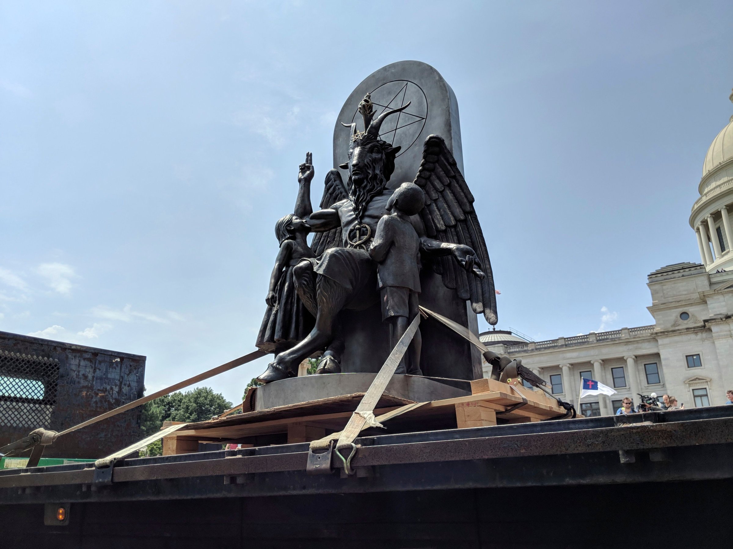 The statue of Baphomet, a winged-goat creature, in Little Rock