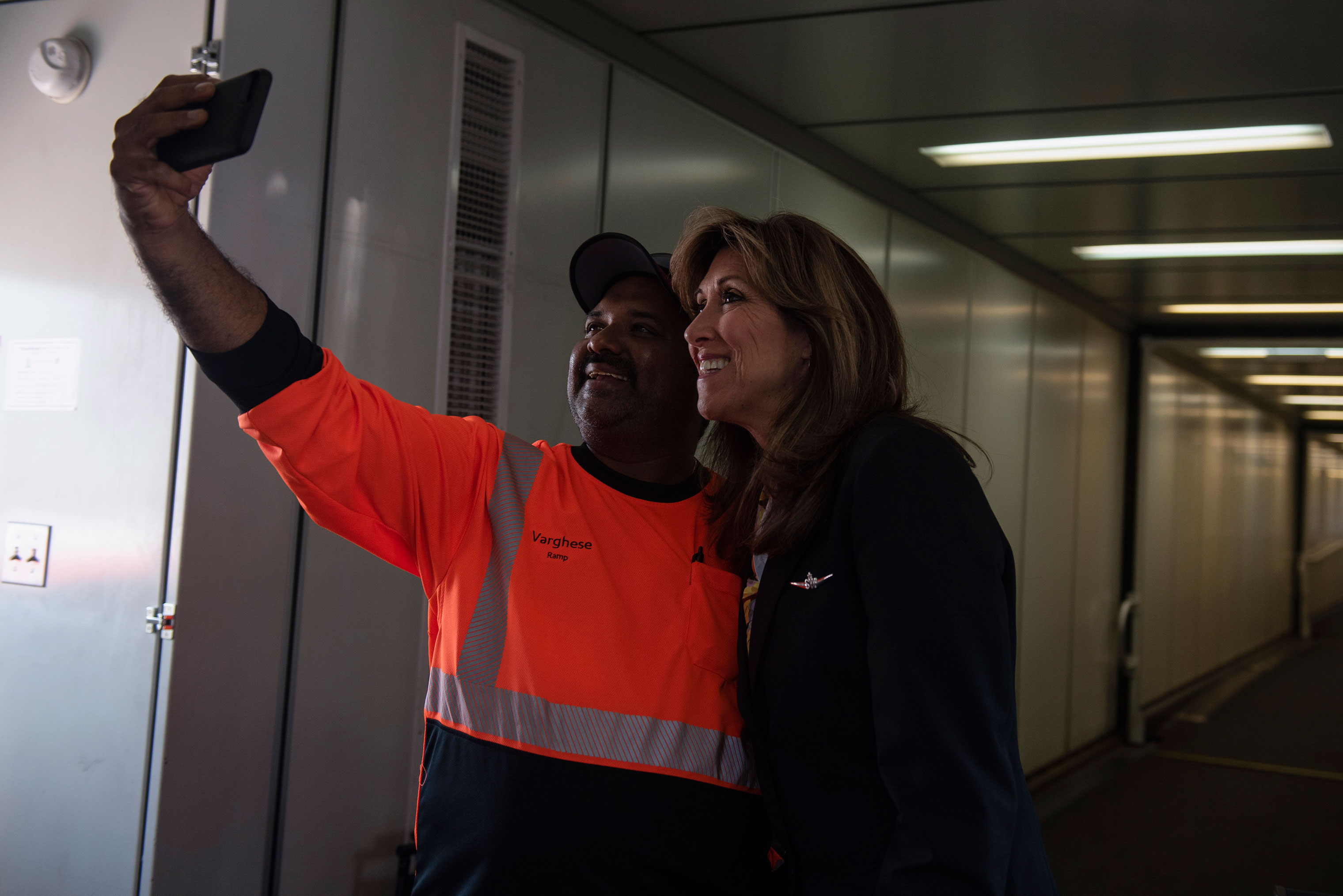 Pilot Tammie Jo Shults poses for a selfie on Aug. 1, 2018 at the San Antonio International Airport. (Callaghan O'Hare for TIME)