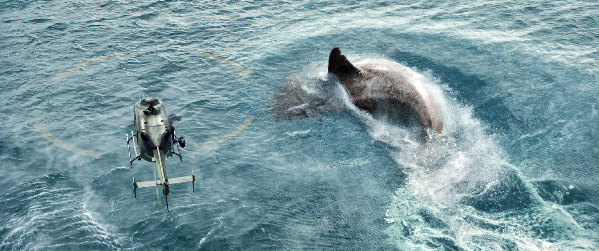Megabeast: helicopters are no match for an angry prehistoric shark in The Meg (Warner Bros)