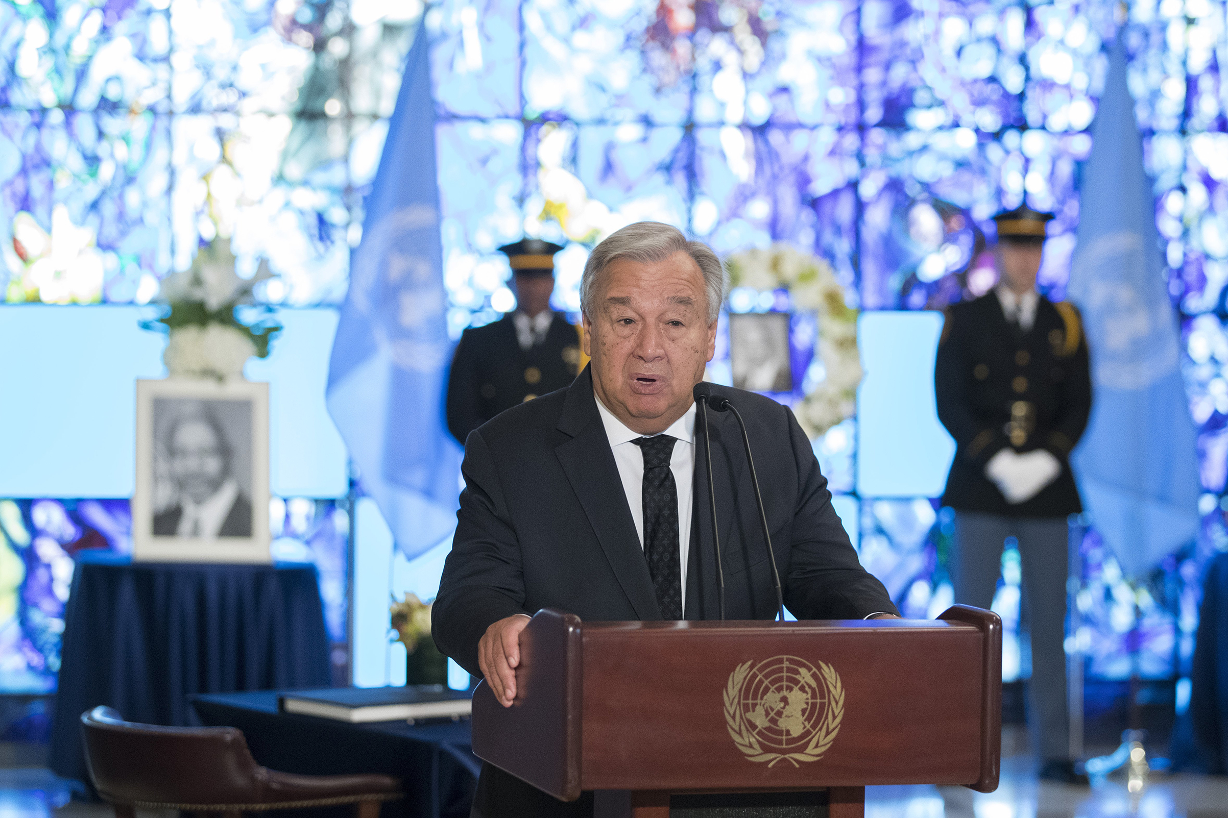 United Nations Secretary-General Antonio Guterres delivers his remarks after signing a book of condolences in memory of the late former Secretary-General Kofi Annan, on Aug 22, 2018 at the UN headquarters in New York. (Xinhua/Sipa USA)