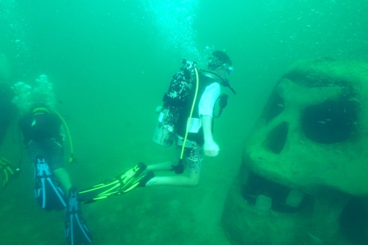 A diver looks at a piece of art in the Underwater Museum of Art in Florida