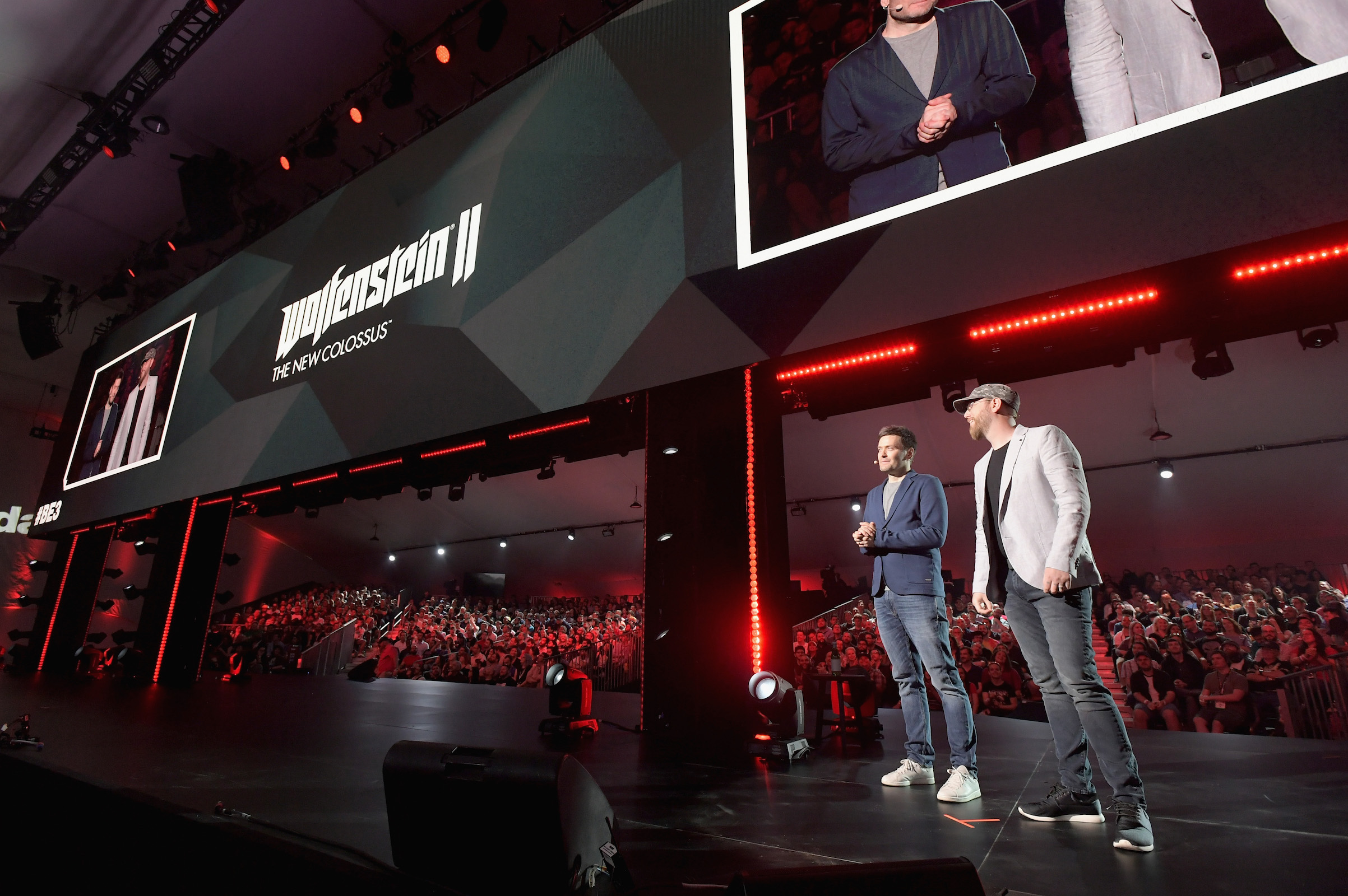 Jerk Gustafsson (L) and Jens Matthies of MachineGames present 'Wolfenstein II' onstage as Bethesda Softworks shows off new video game experiences at its E3 Showcase and at The Event Deck at LA LIVE on June 10, 2018, ahead of the Electronic Entertainment Expo (E3)  in Los Angeles. (Charley Gallay—Getty Images for Bethesda Softworks)