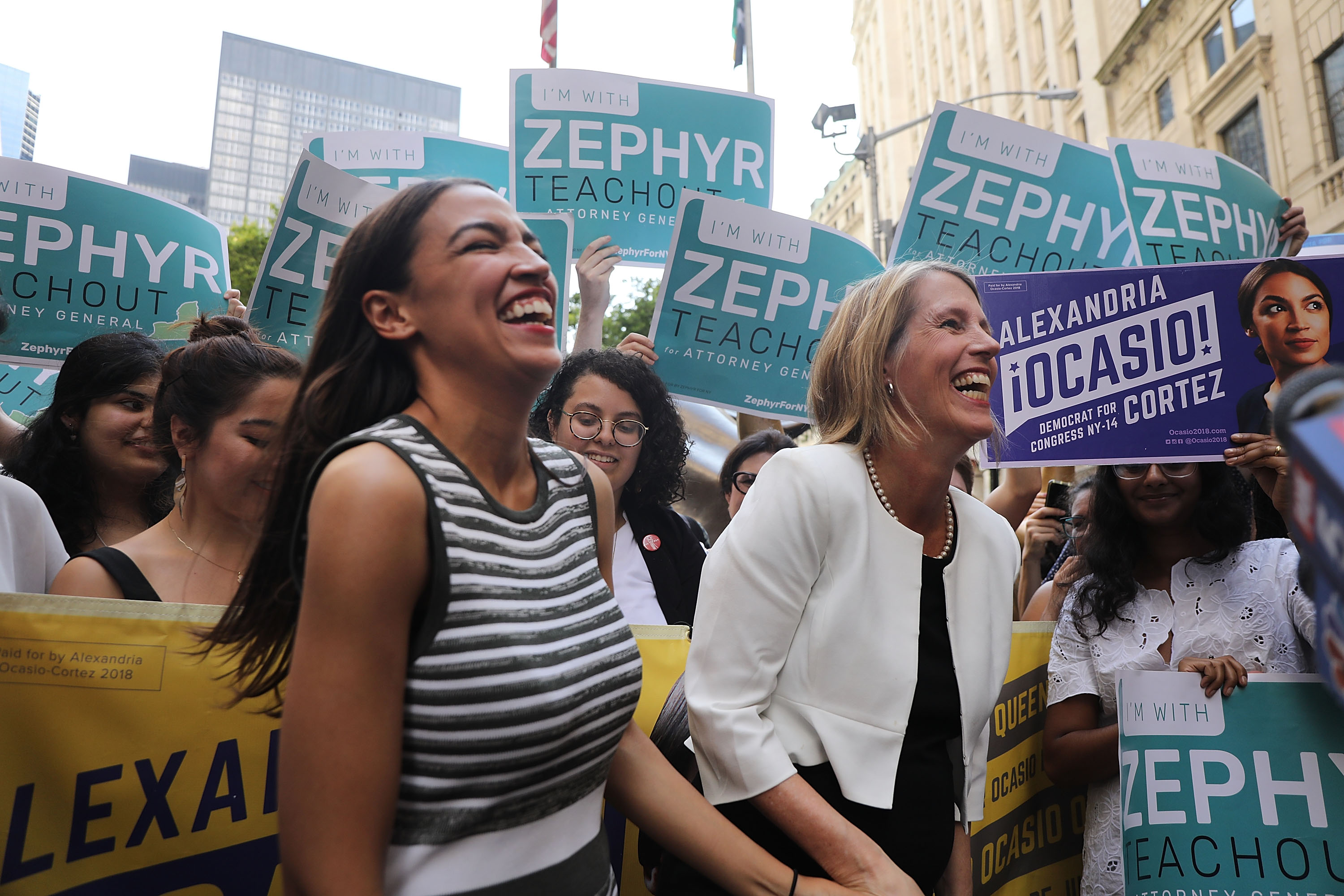 Congressional nominee Alexandria Ocasio-Cortez (L) stands with Zephyr Teachout. (Spencer Platt&mdash;Getty Images)